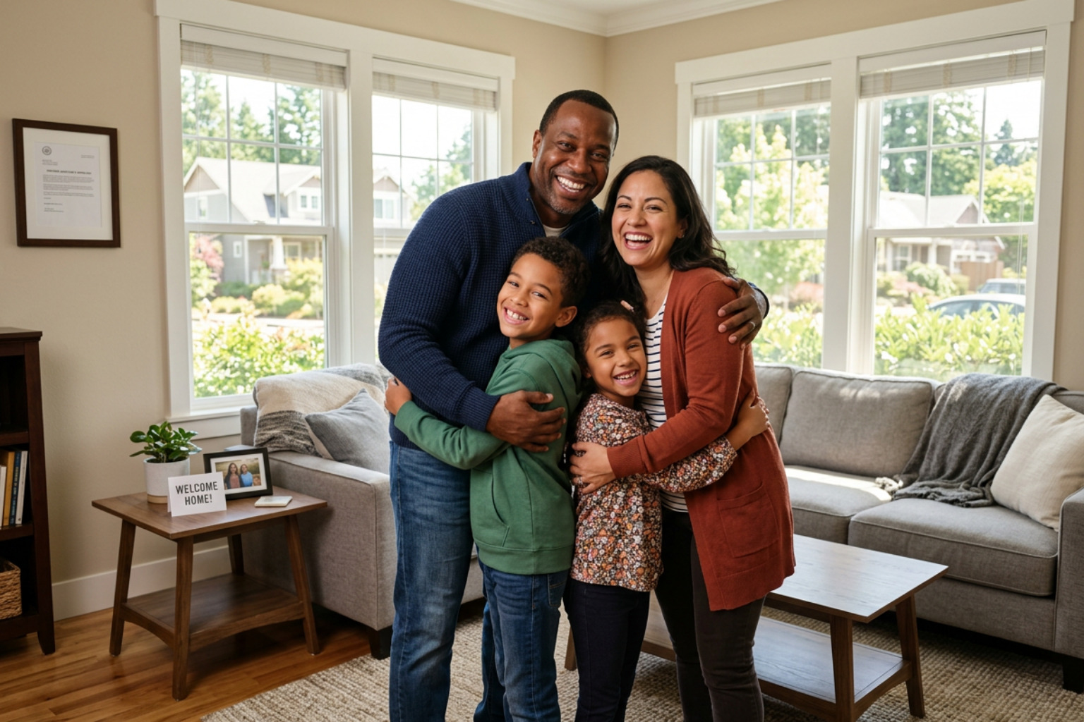 A diverse family smiling together in their new living room after receiving housing assistance - public housing assistance A diverse family smiling together in their new living room after receiving housing assistance - public housing assistance