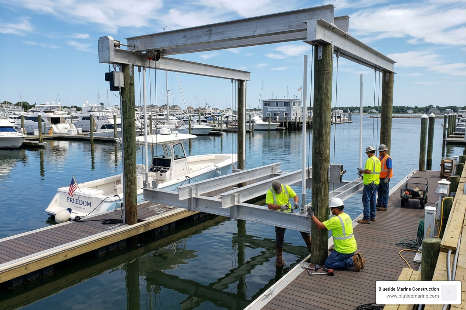 Installation of a high-capacity boat lift on a custom dock - docks builders near me Installation of a high-capacity boat lift on a custom dock - docks builders near me