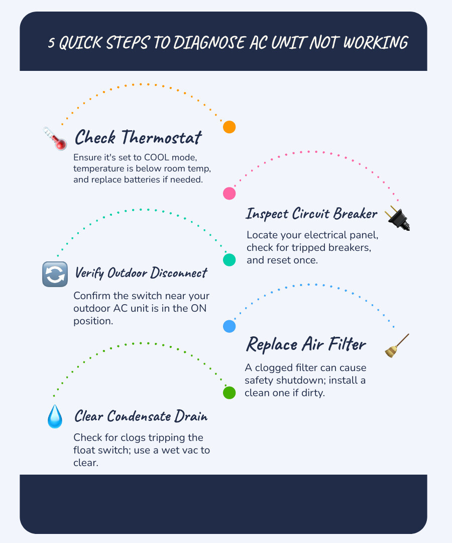 Common causes of AC unit not working and quick diagnostic steps for homeowners - AC unit not working infographic