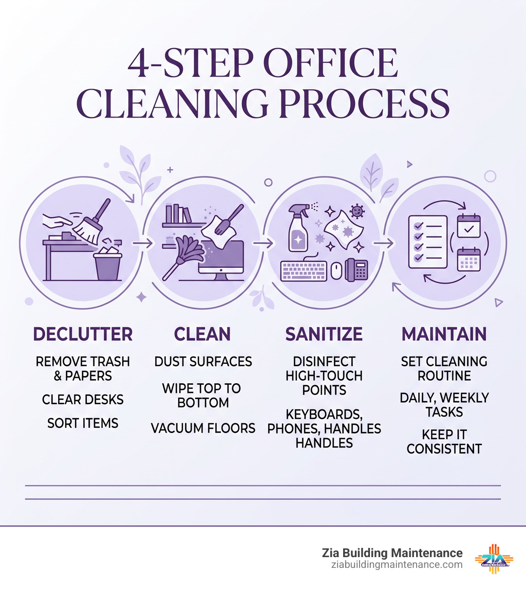 4-step office cleaning process infographic: Declutter, Clean, Sanitize, Maintain with key tasks at each stage - clean my 4-step office cleaning process infographic: Declutter, Clean, Sanitize, Maintain with key tasks at each stage - clean my