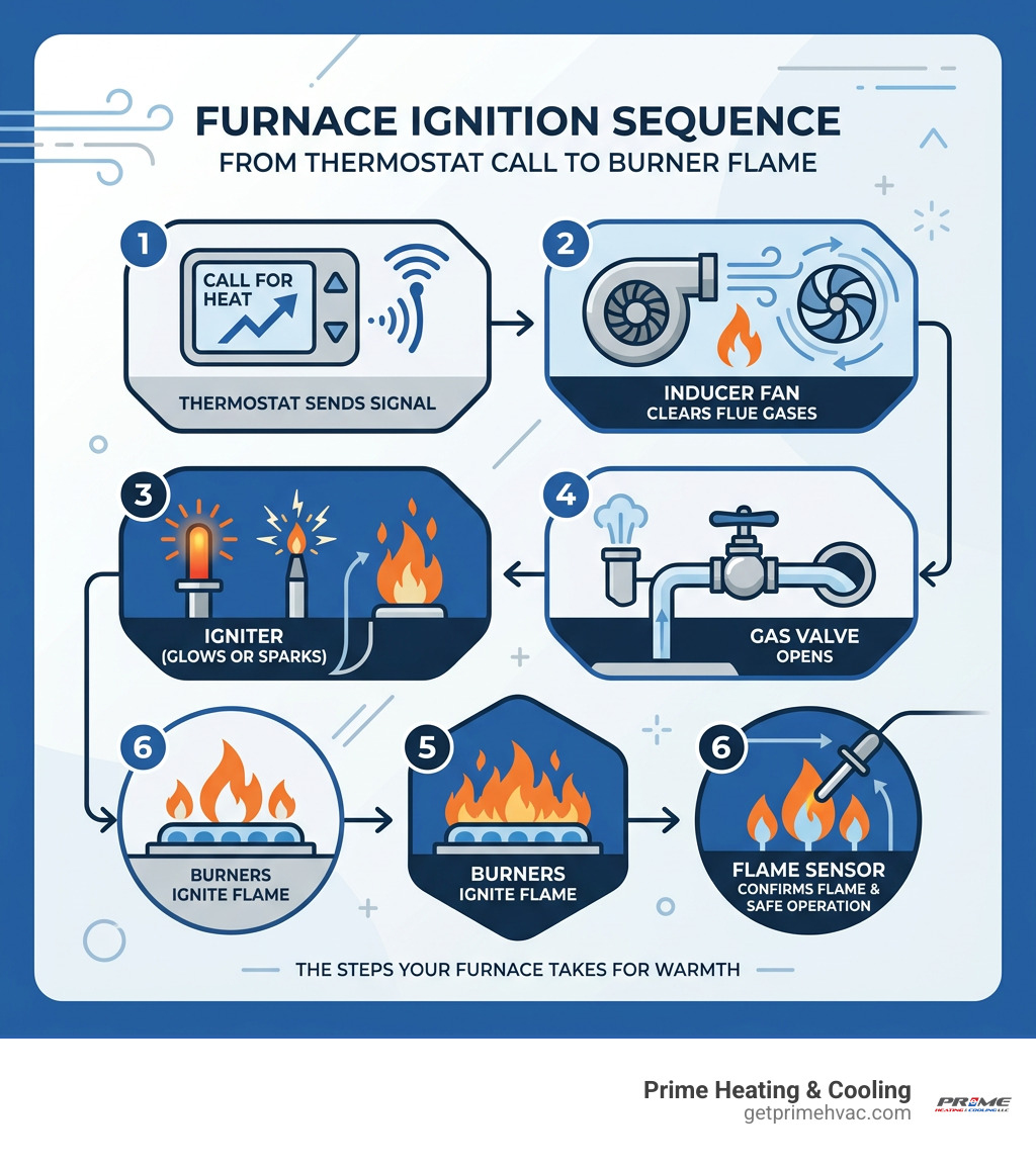 Infographic showing the furnace ignition sequence from thermostat call to burner flame - furnace not igniting infographic 