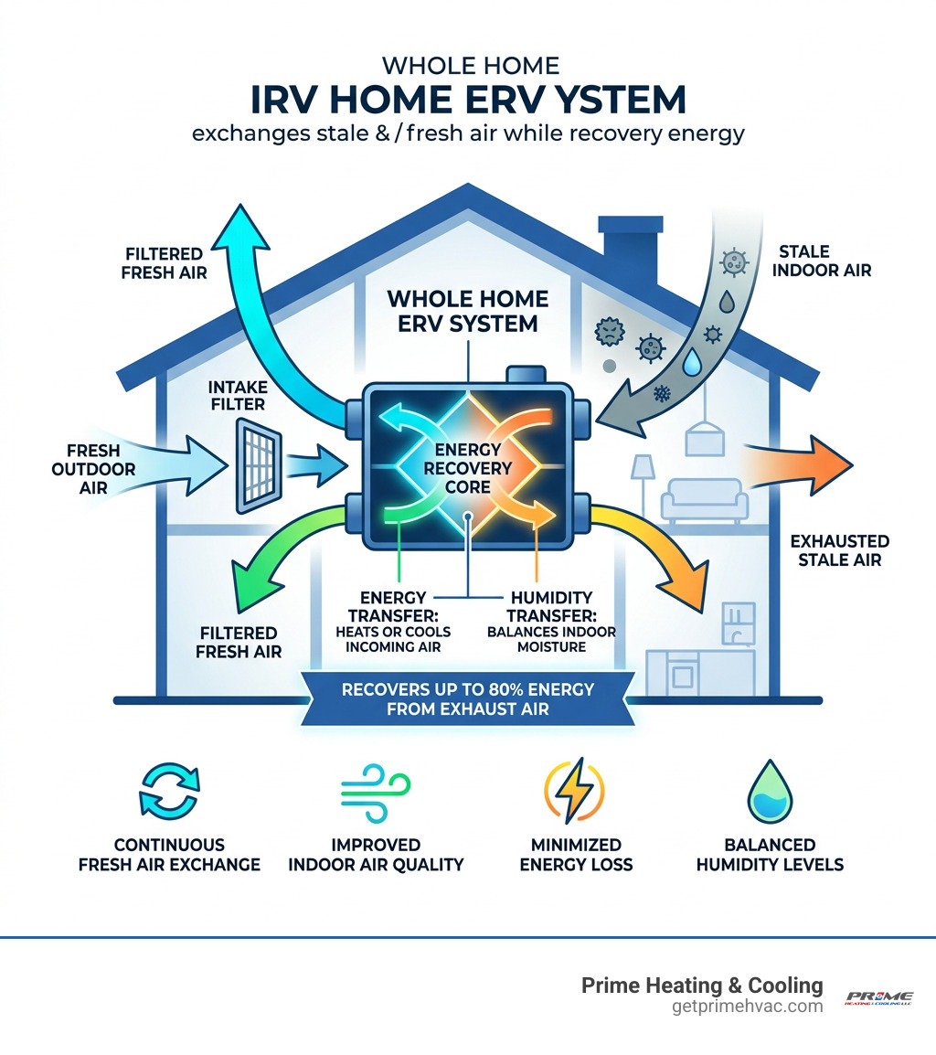 Infographic showing how a whole home ERV exchanges stale and fresh air while recovering energy - Whole home ERV infographic 
