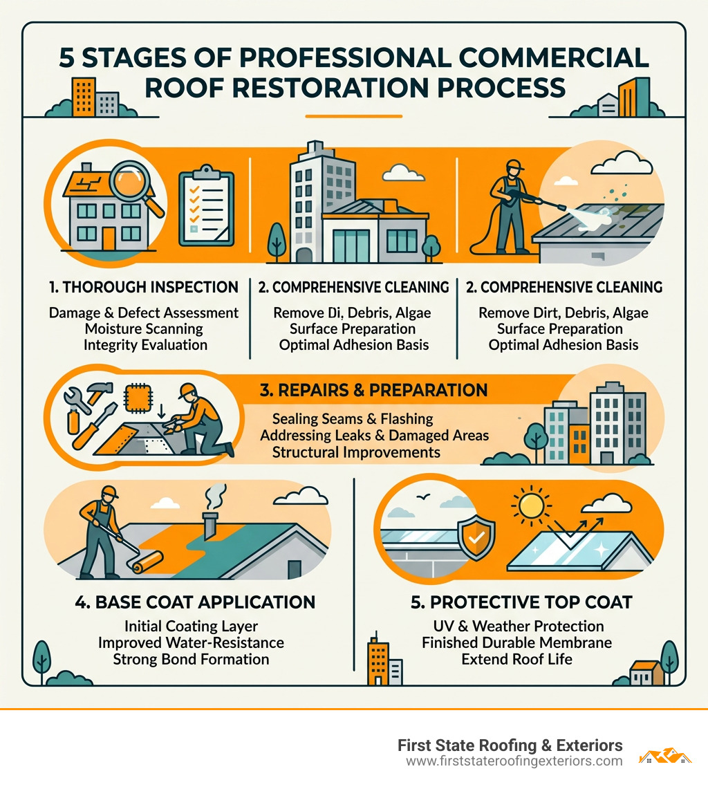 5 stages of professional commercial roof restoration process infographic - commercial roof repairs infographic 