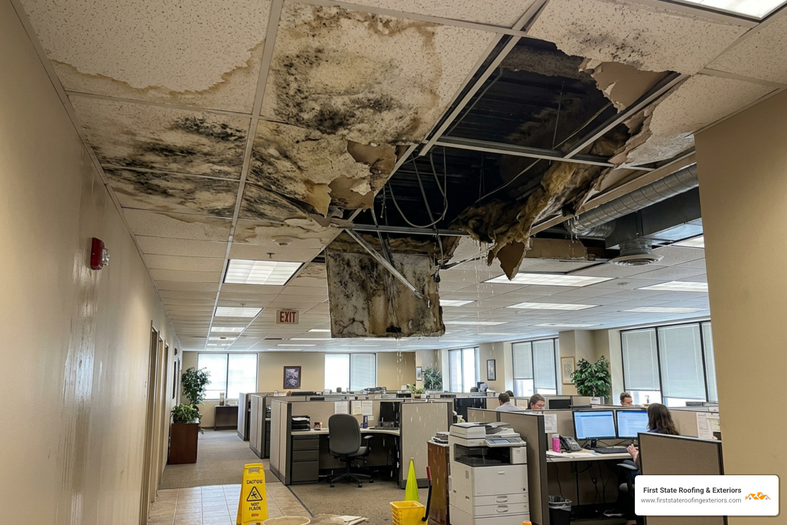 interior damage from a leaking commercial roof ceiling - commercial roof repairs