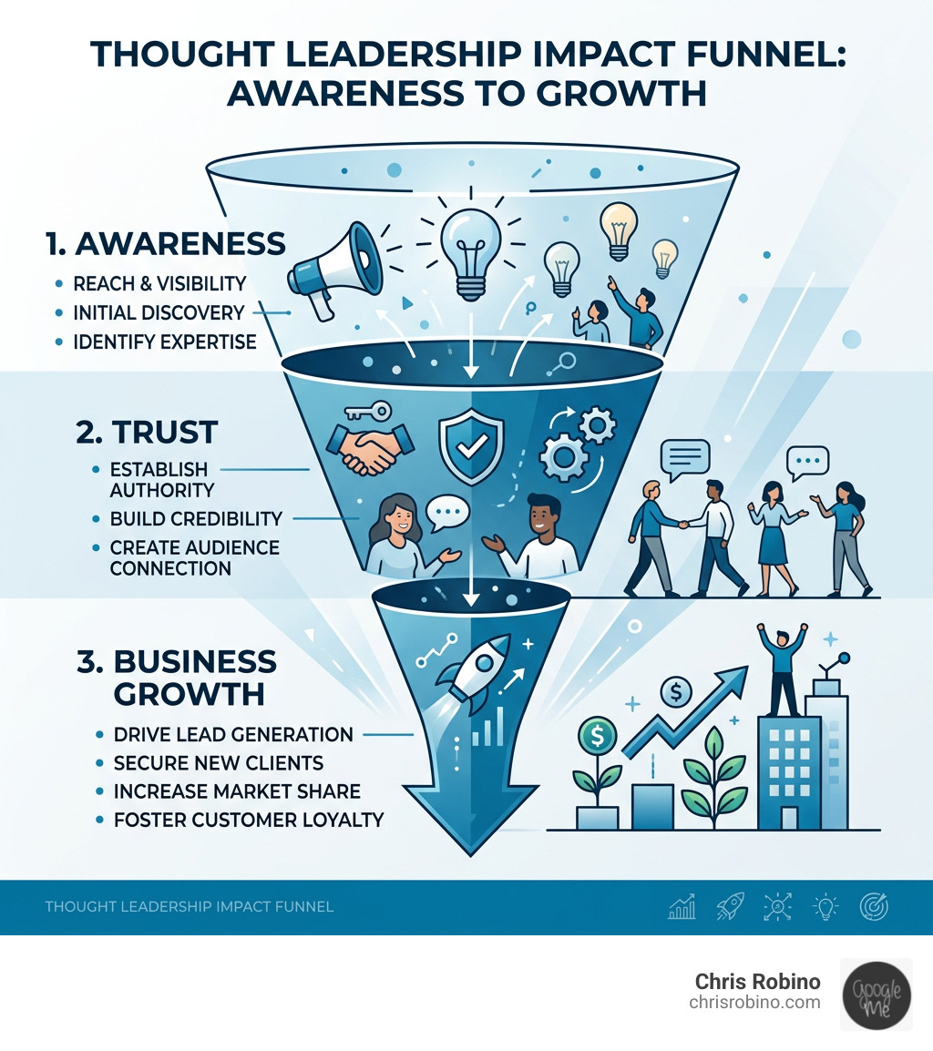 Thought leadership impact funnel showing stages from awareness to trust to business growth - thought leadership content Thought leadership impact funnel showing stages from awareness to trust to business growth - thought leadership content