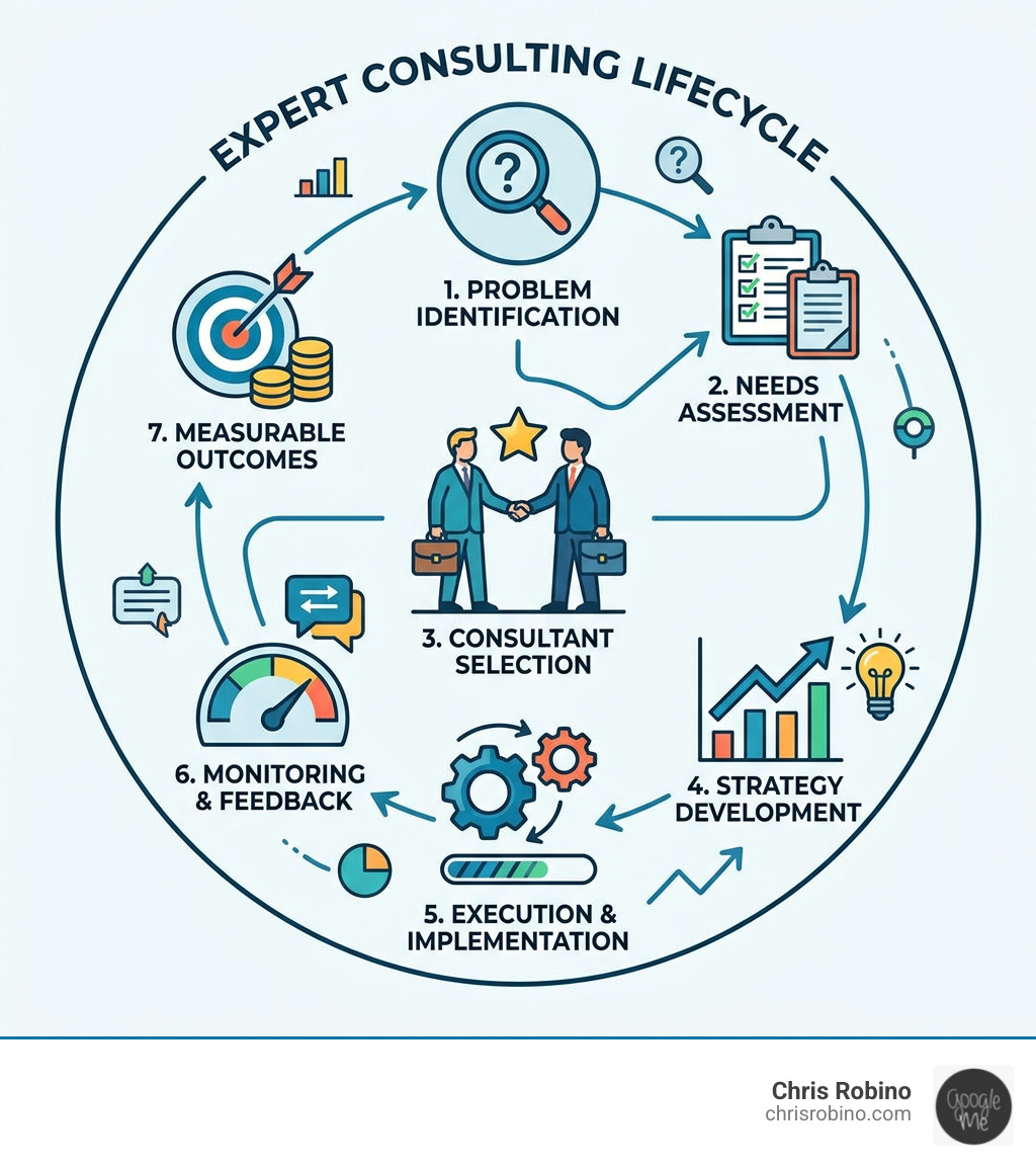 Lifecycle of expert consulting from problem identification to measurable outcomes infographic - Expert consulting services