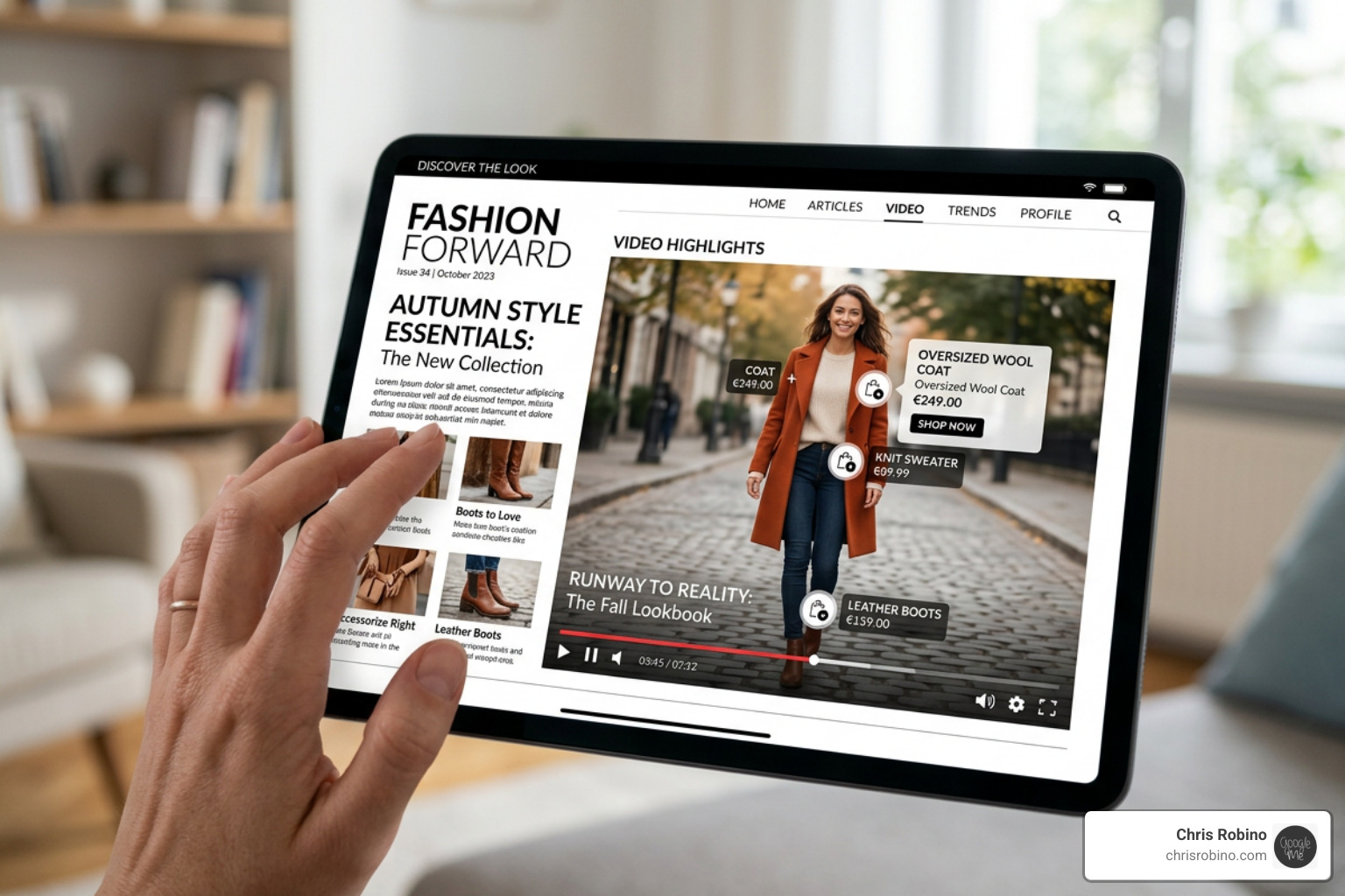 Digital magazine interface showing embedded video and clickable hotspots - digital magazine publishing tools