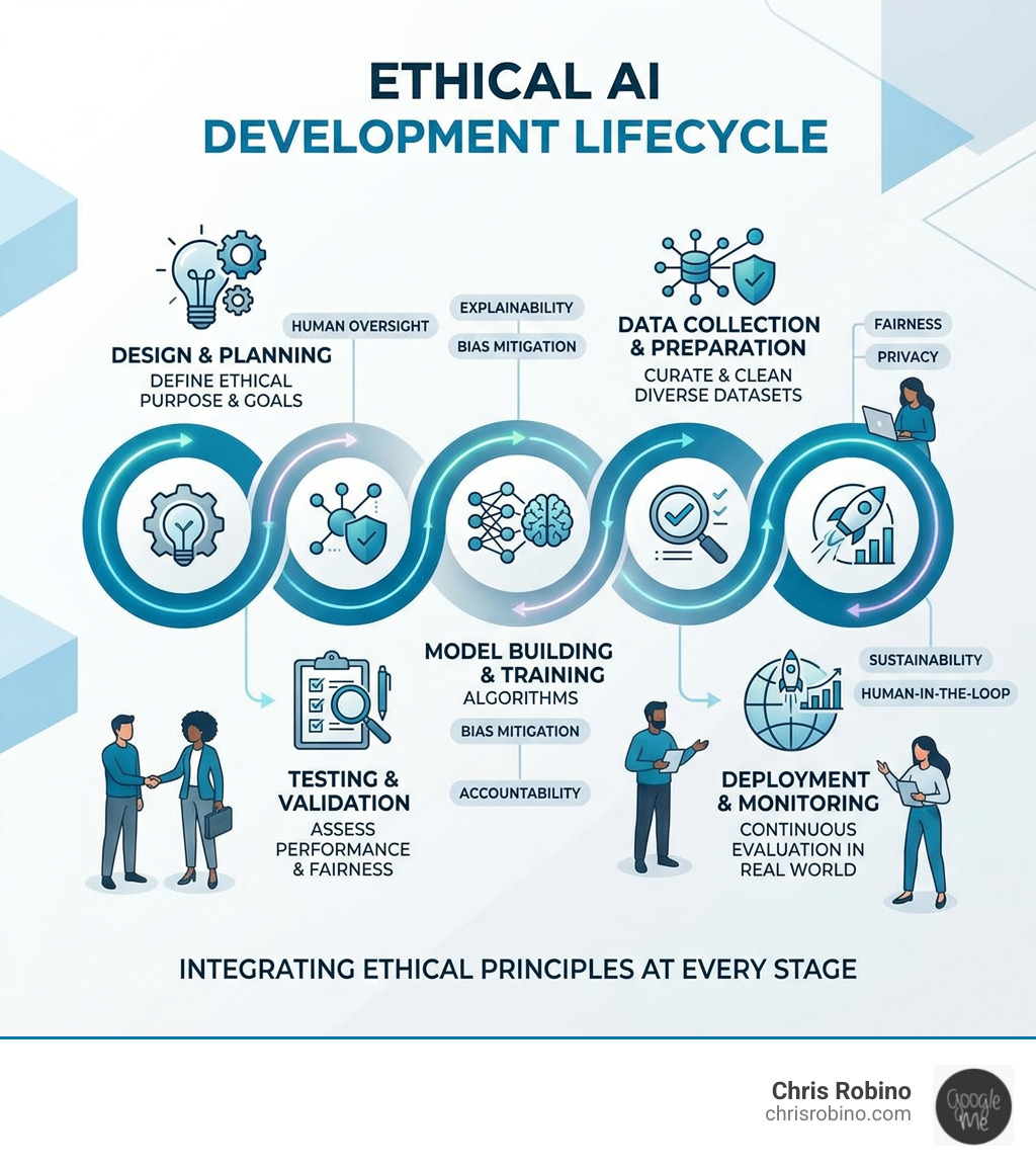 Infographic showing the ethical AI development lifecycle from design to deployment with key principles - ethical AI