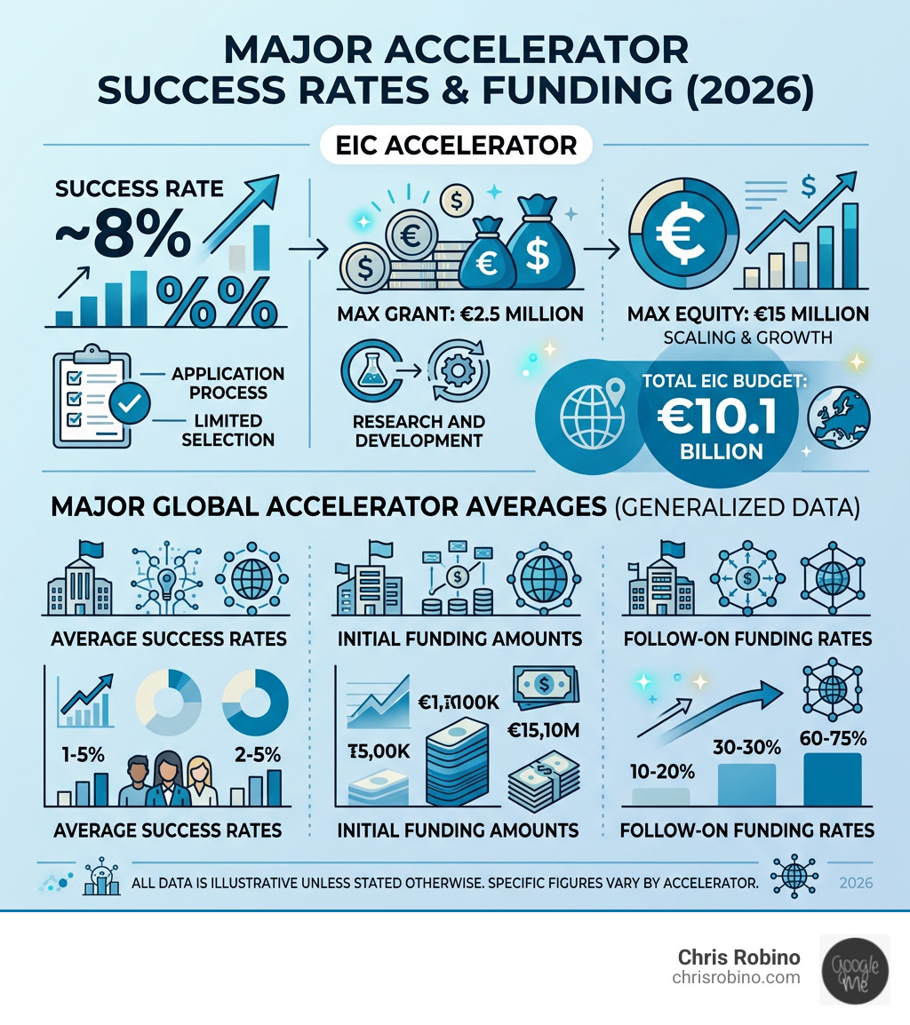 Infographic showing the success rates and funding amounts of major accelerators - Business innovation accelerator