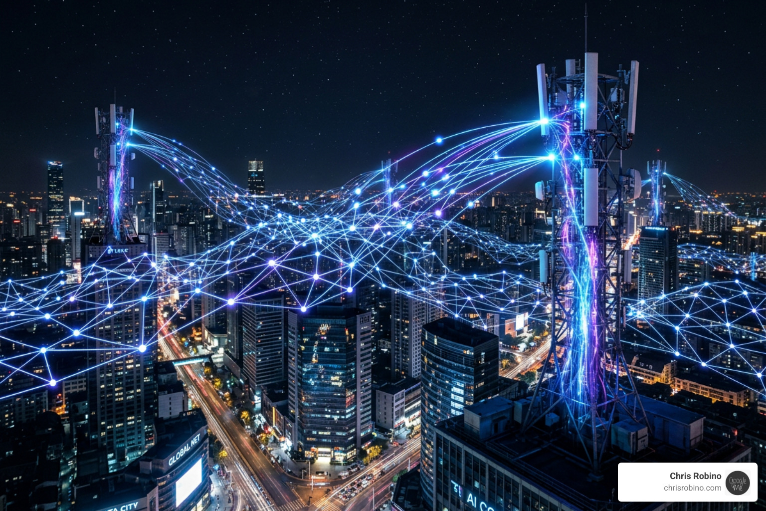 AI and 5G network nodes representing the backbone of modern media - future media innovation