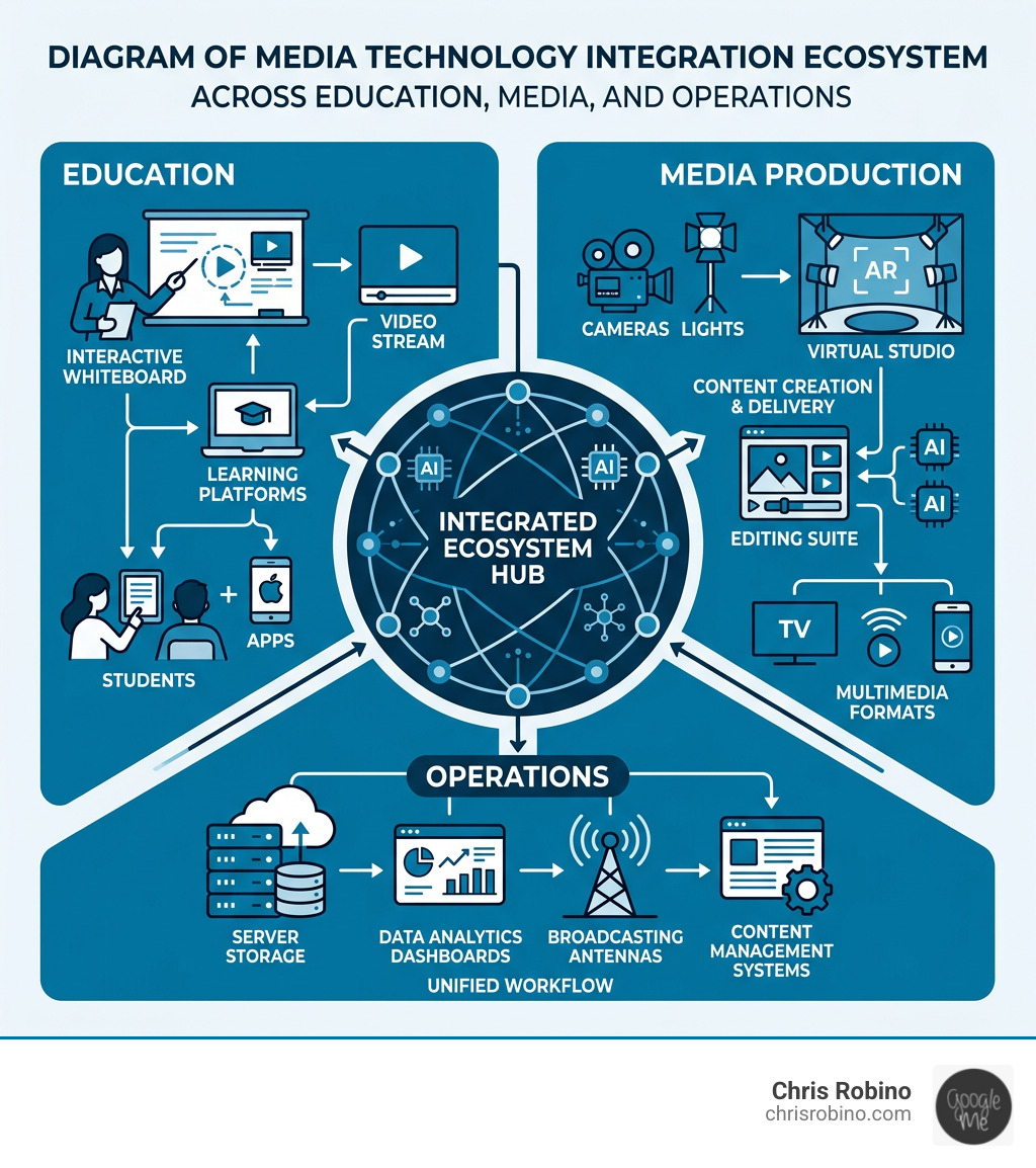 Diagram showing the media technology integration ecosystem across education, media, and operations - Media technology