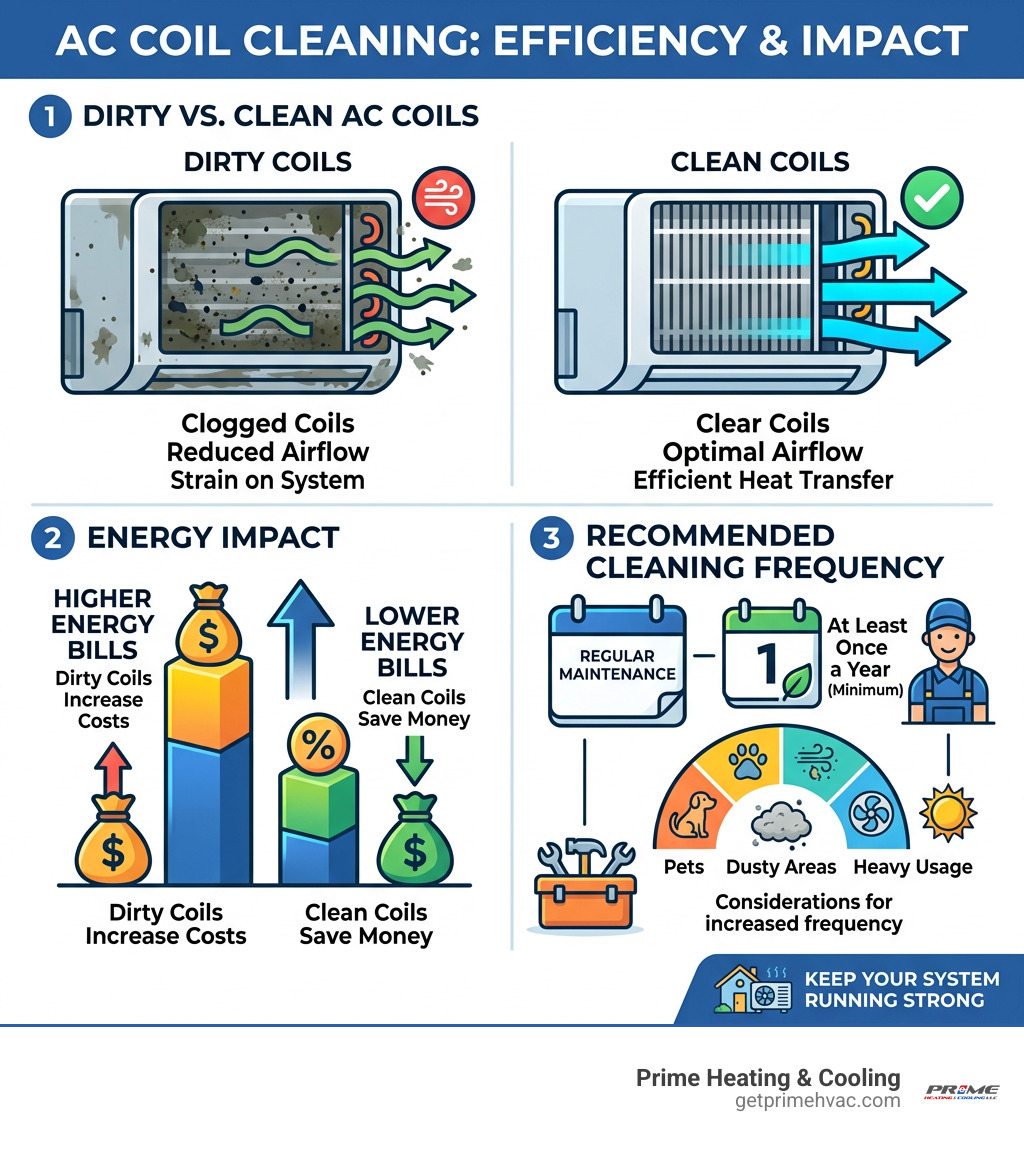 Infographic showing dirty vs clean AC coils, energy impact, and recommended cleaning frequency - AC coil cleaning