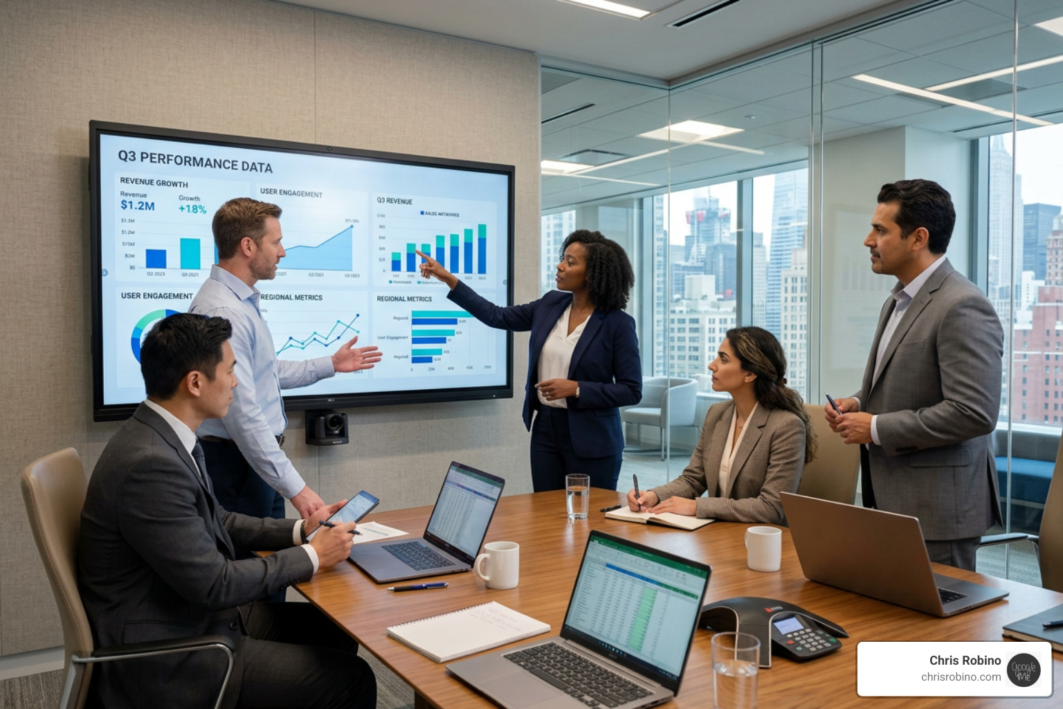 Executive team reviewing data analytics reports on a large screen - Data analytics consulting