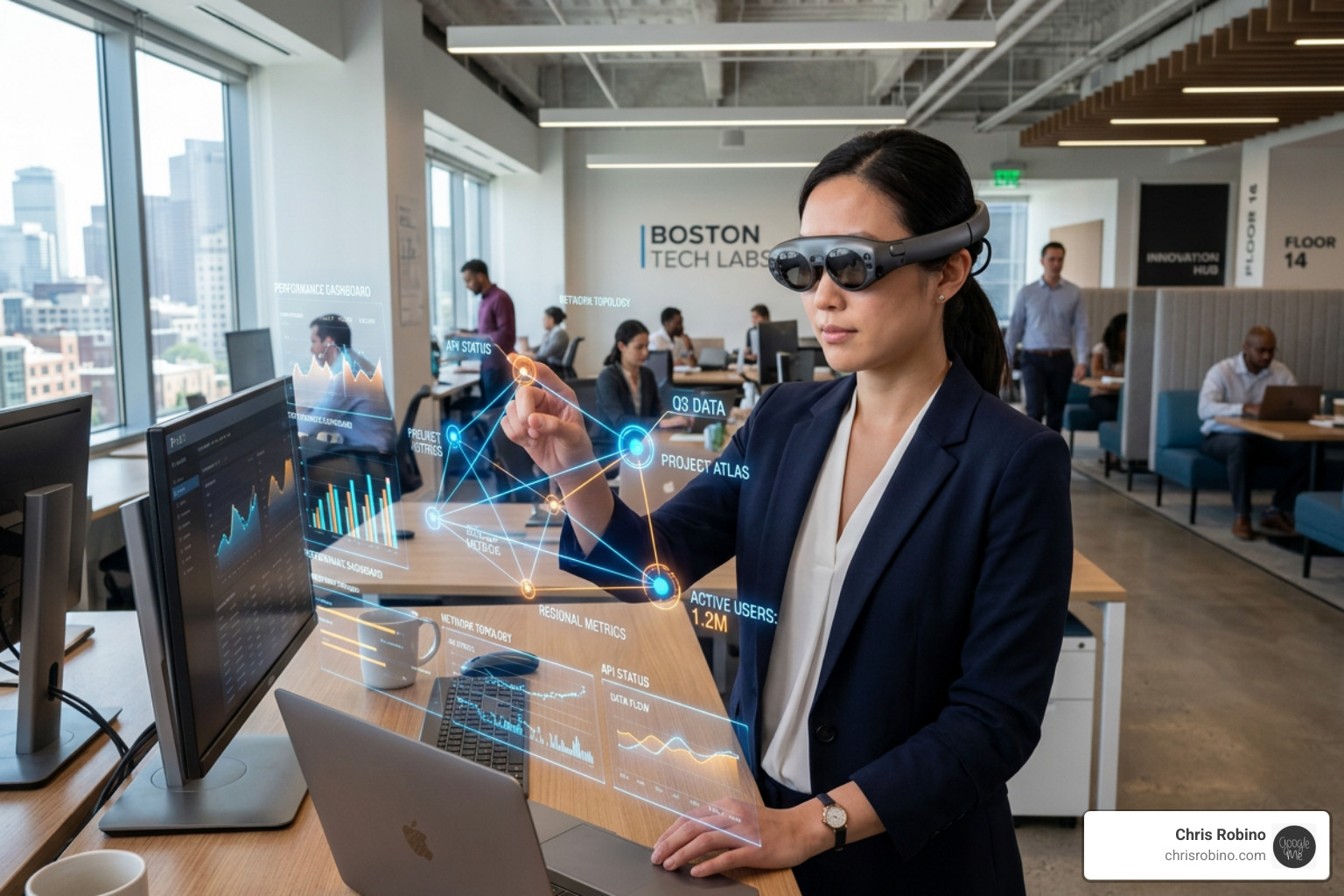 Professional using mixed reality glasses for real-time data visualization in a modern office - Future of immersive