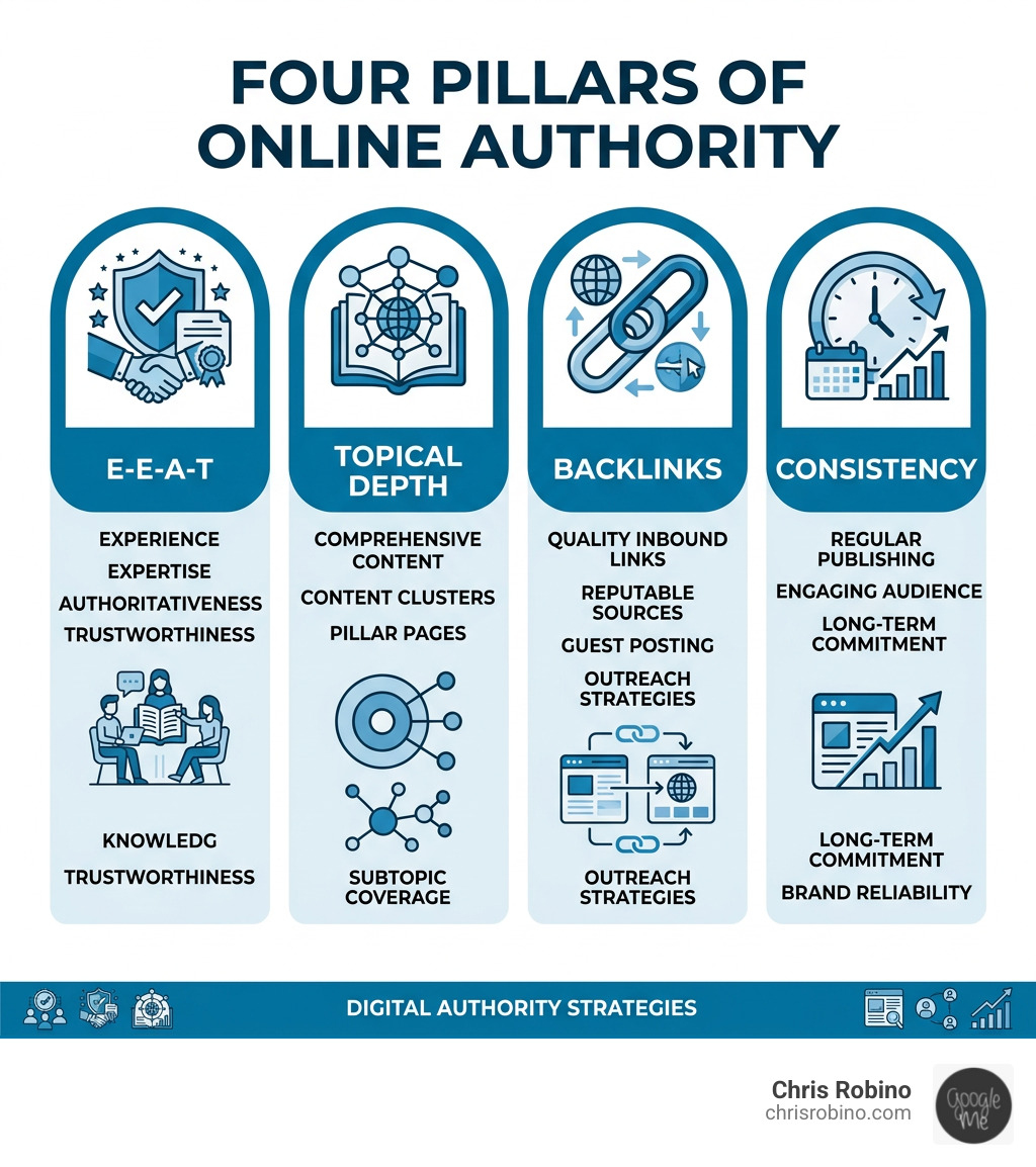 Four pillars of online authority: E-E-A-T, topical depth, backlinks, and consistency - Building online authority infographic 