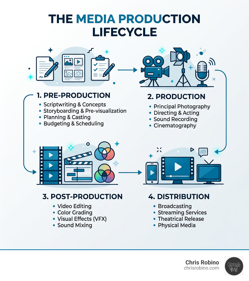 Media production lifecycle infographic from pre-production through production, post-production, and distribution - media