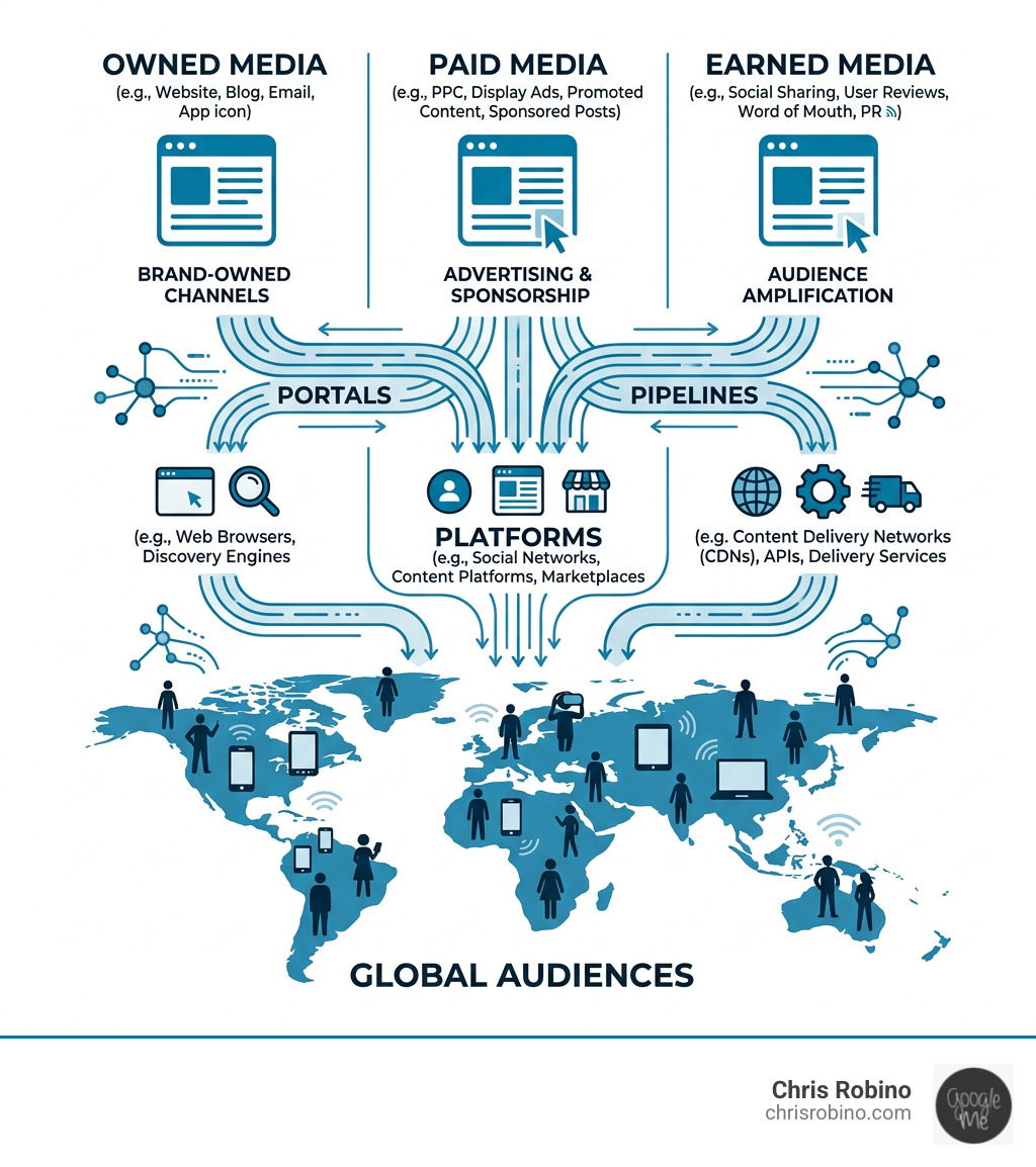 Infographic showing the digital media ecosystem: owned, paid, earned media flowing through portals, platforms, and pipelines