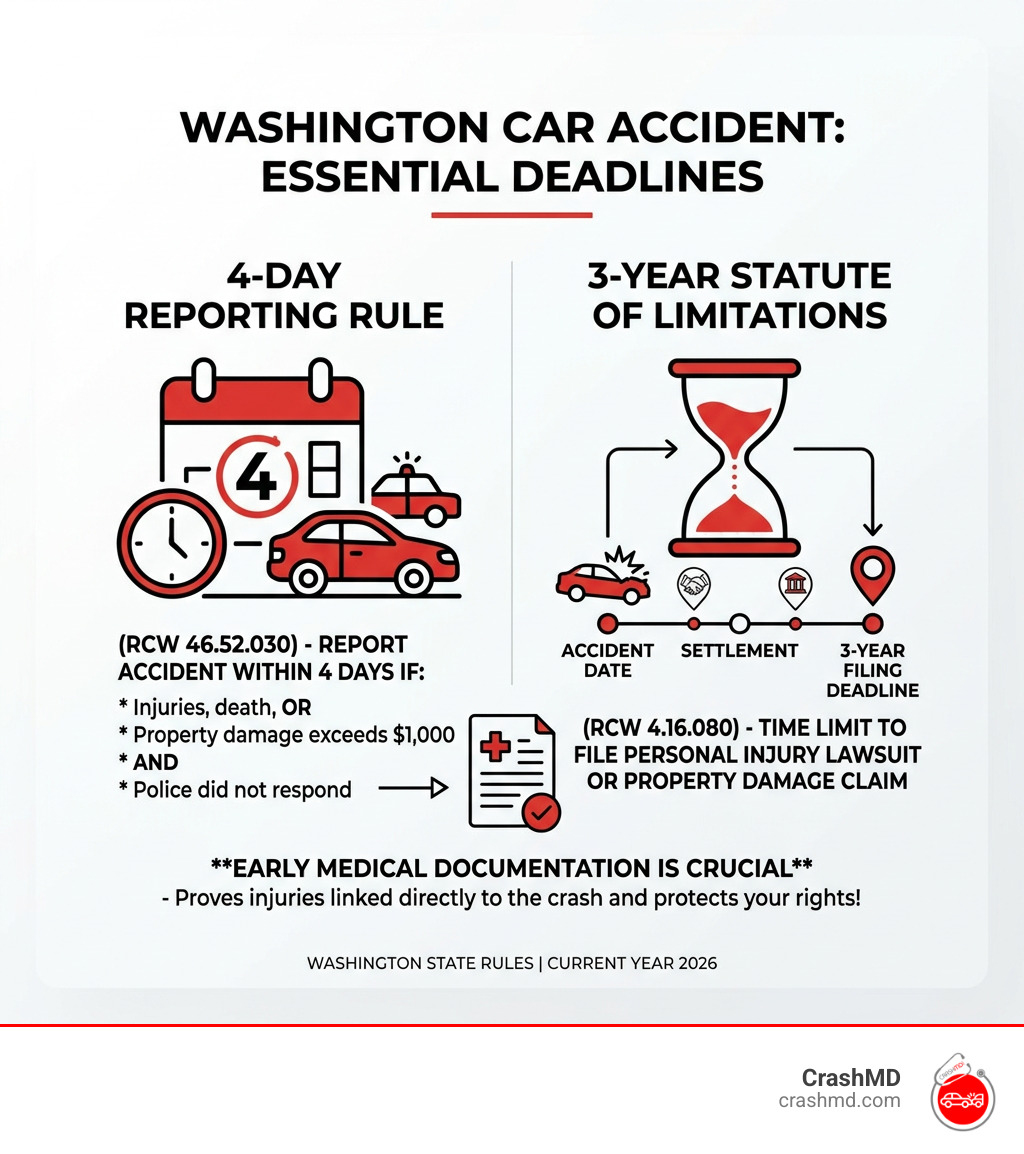 Washington car accident 4-day reporting rule and 3-year statute of limitations infographic - medical documentation services