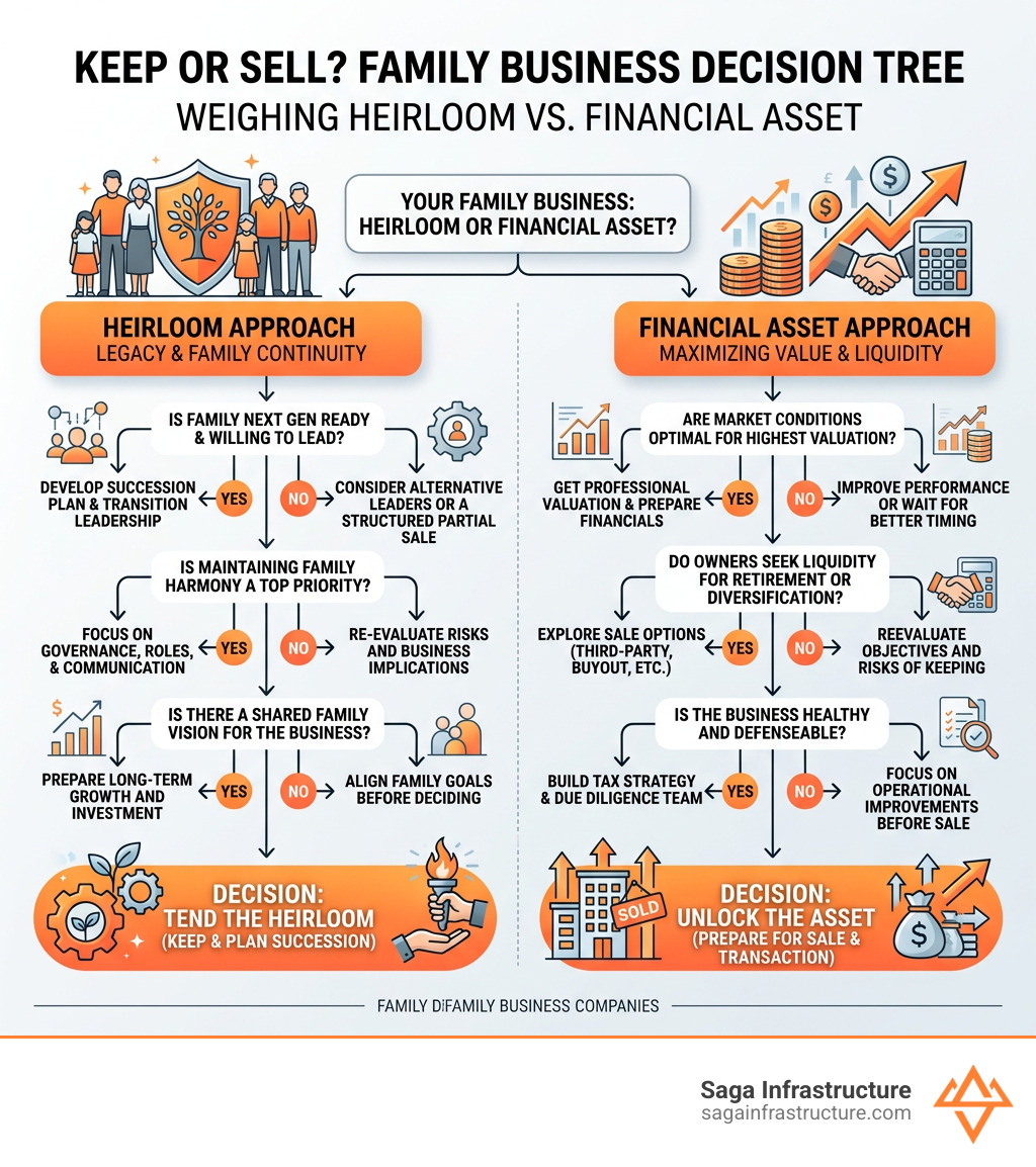 Keep-or-sell decision tree for family business owners weighing heirloom vs financial asset - Selling family business