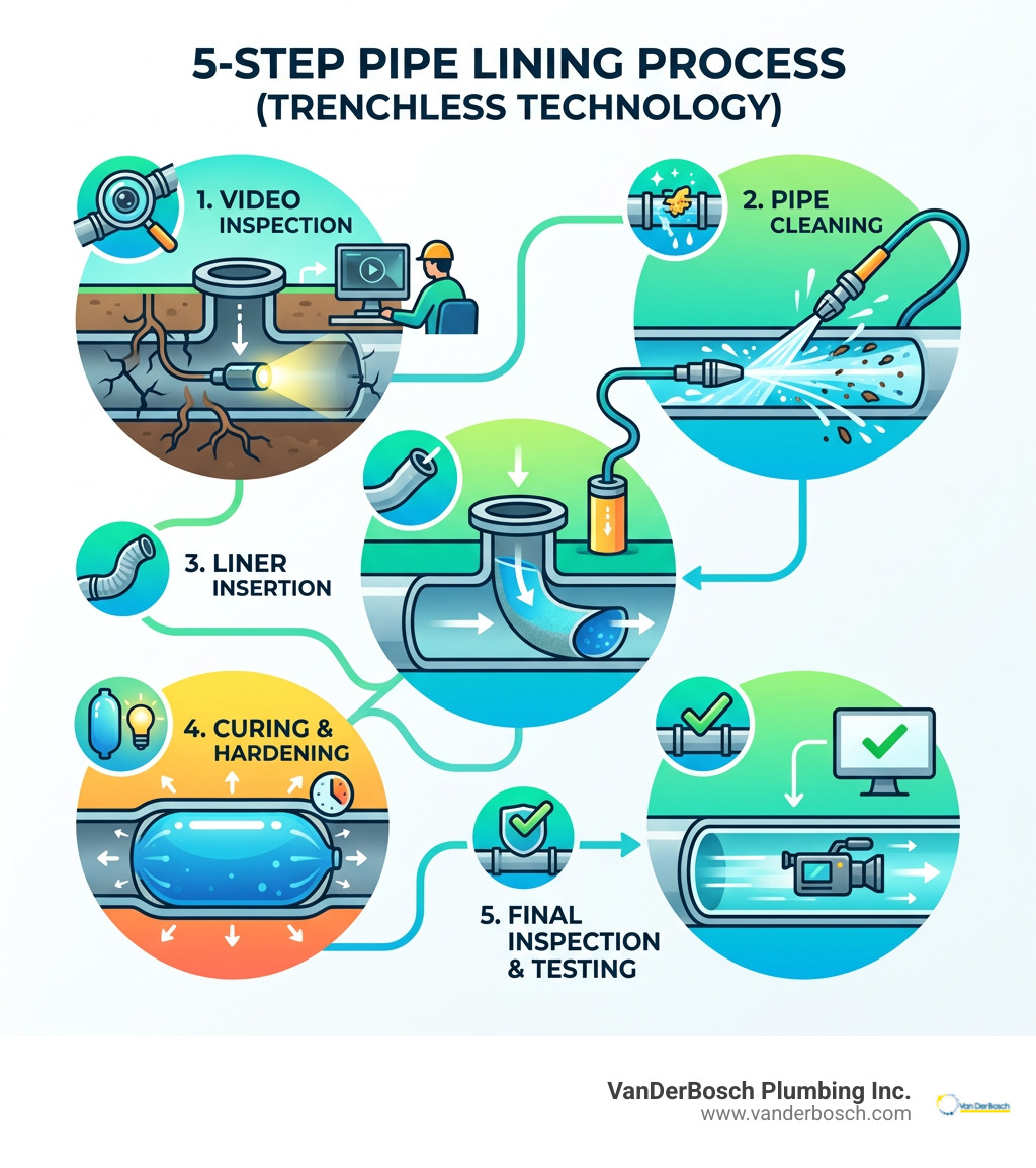 Step-by-step pipe lining process infographic: inspection, cleaning, liner insertion, curing, final test - pipe lining