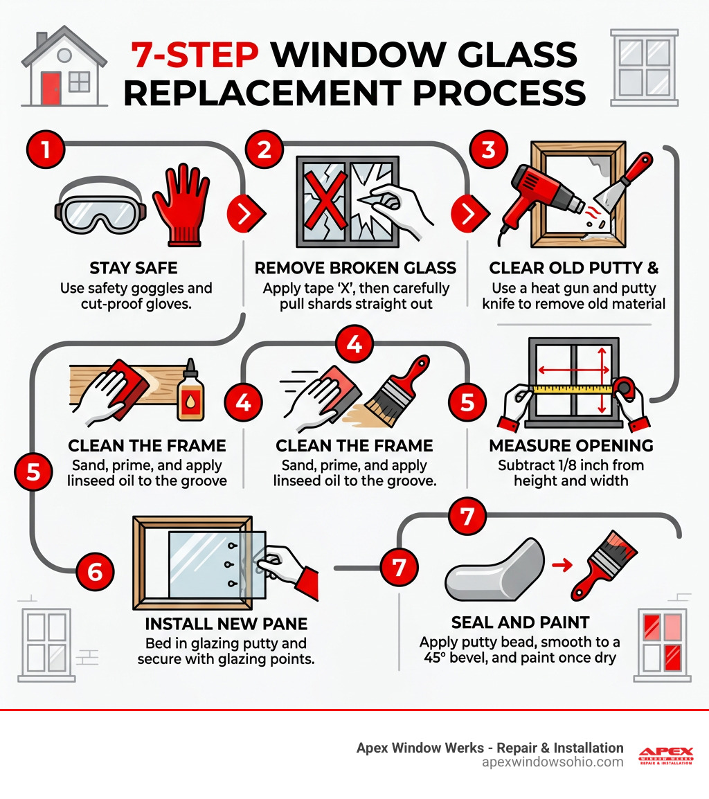 7-step window glass replacement process infographic with safety, removal, cleaning, measuring, installing, sealing, and 7-step window glass replacement process infographic with safety, removal, cleaning, measuring, installing, sealing, and