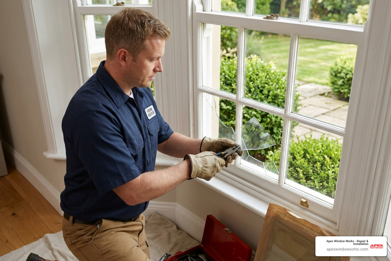 DIY toolkit for window repair showing gloves, goggles, putty knife, and glazing materials - replace broken glass DIY toolkit for window repair showing gloves, goggles, putty knife, and glazing materials - replace broken glass