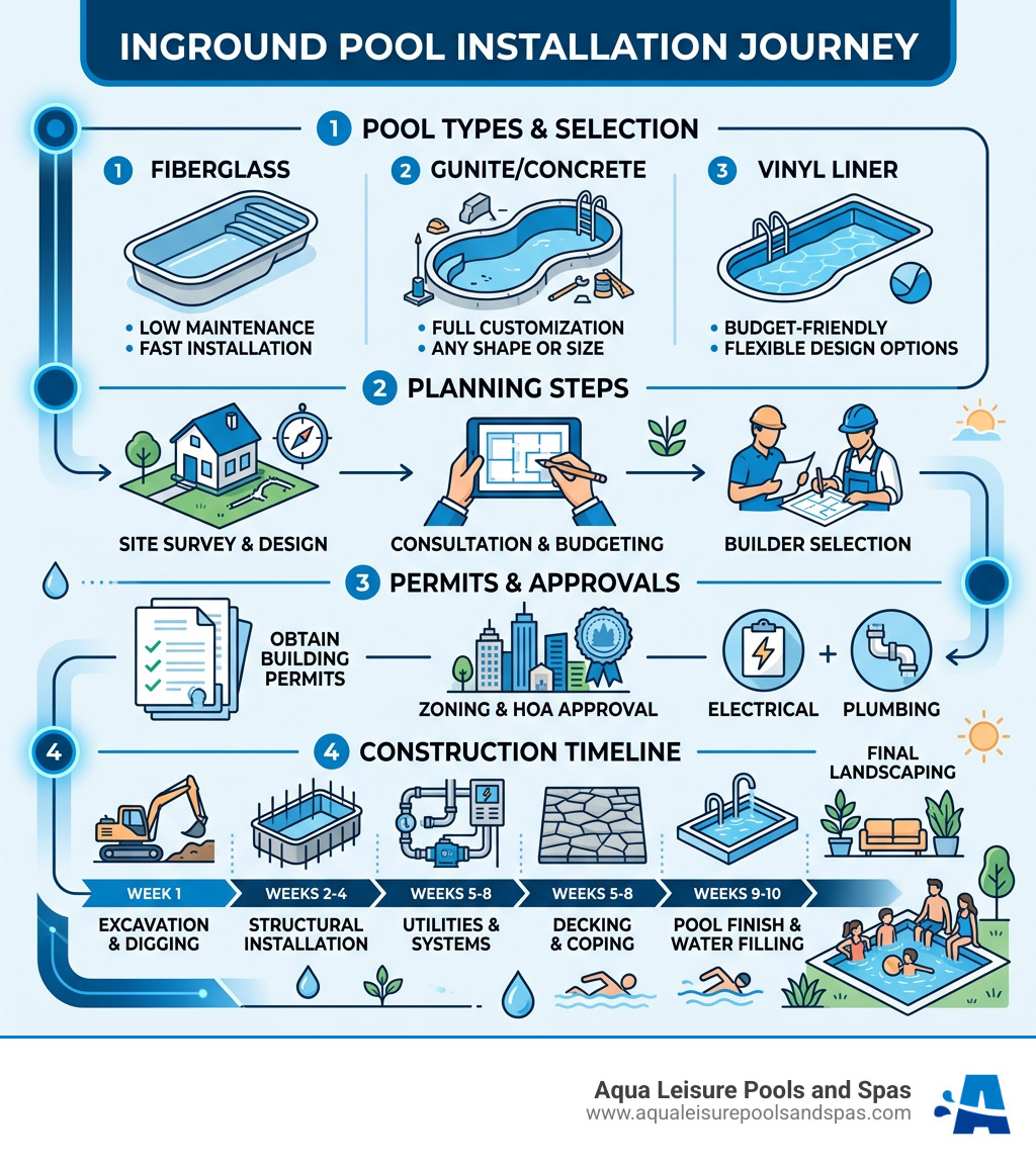 Inground pool installation journey infographic: pool types, planning steps, permits, timeline - inground pools allentown pa Inground pool installation journey infographic: pool types, planning steps, permits, timeline - inground pools allentown pa