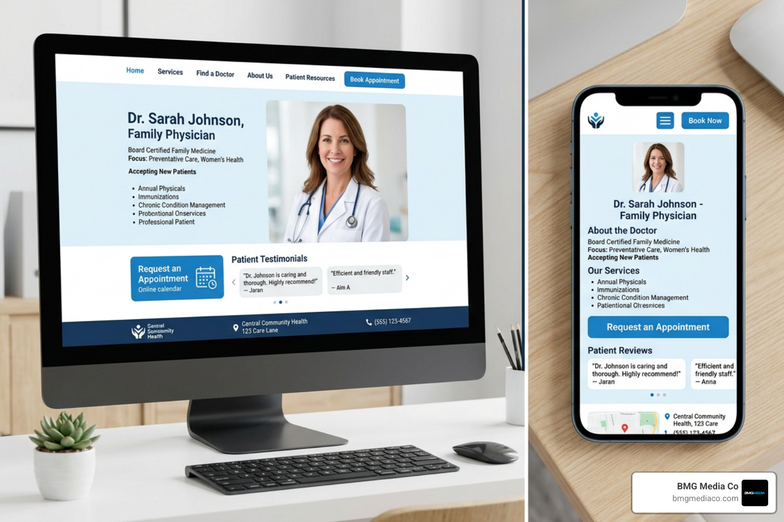A clean, modern medical website layout showing seamless transitions between desktop and mobile views - responsive doctor