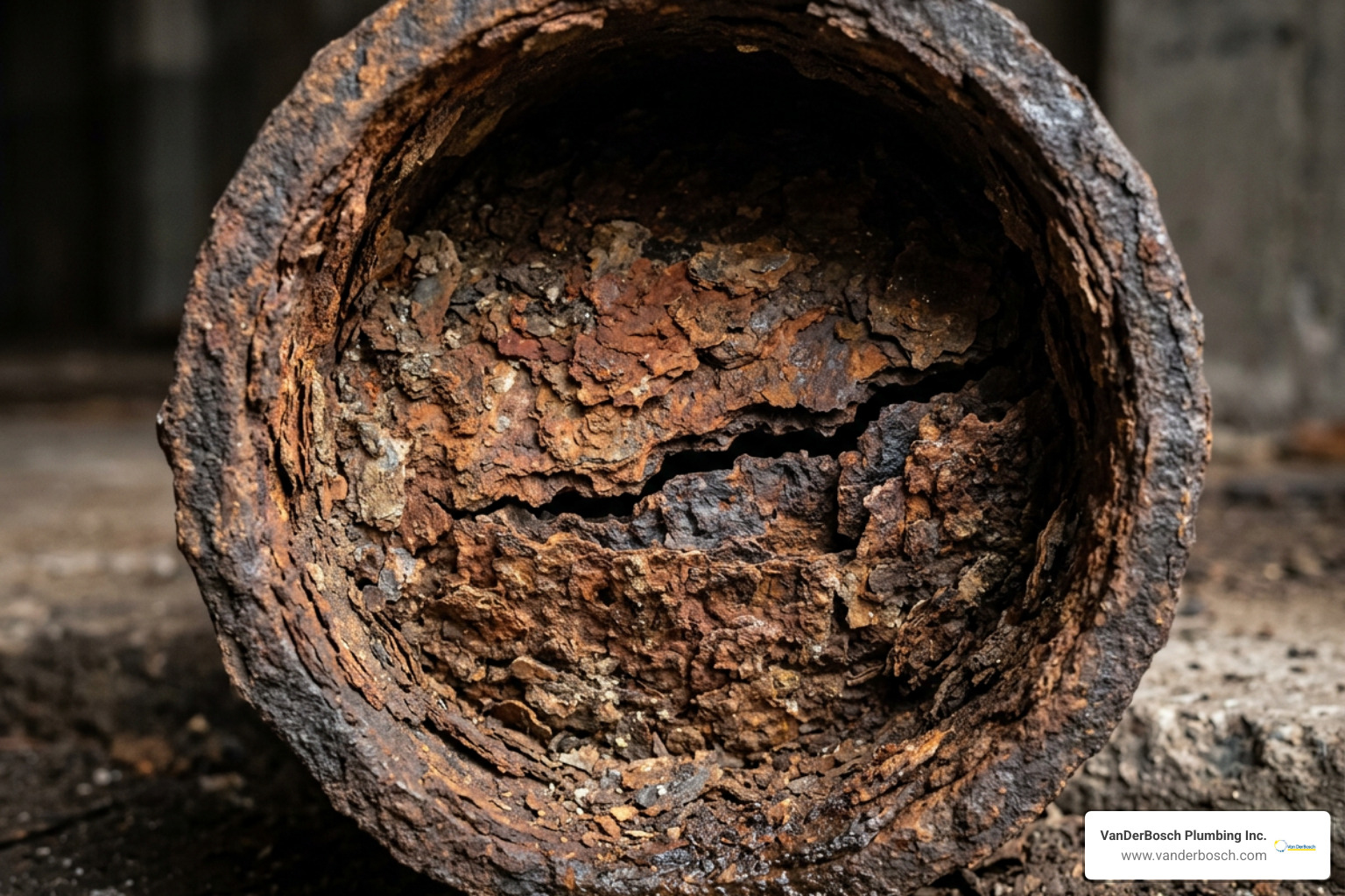 A heavily corroded cast iron pipe showing cracks and scale buildup - pipe lining services near me