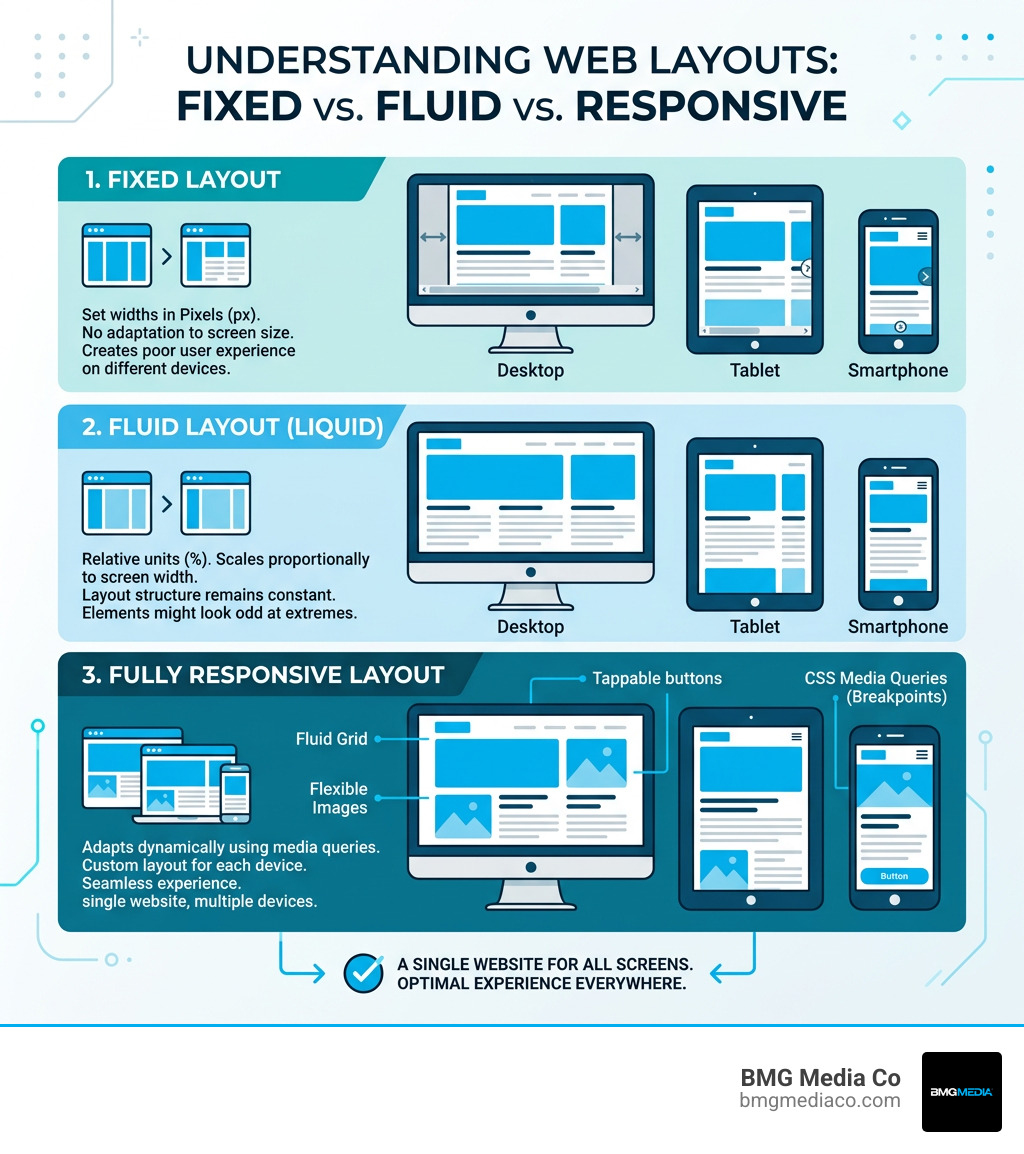 Infographic comparing fixed, fluid, and responsive web layouts across devices - fully responsive web design infographic 