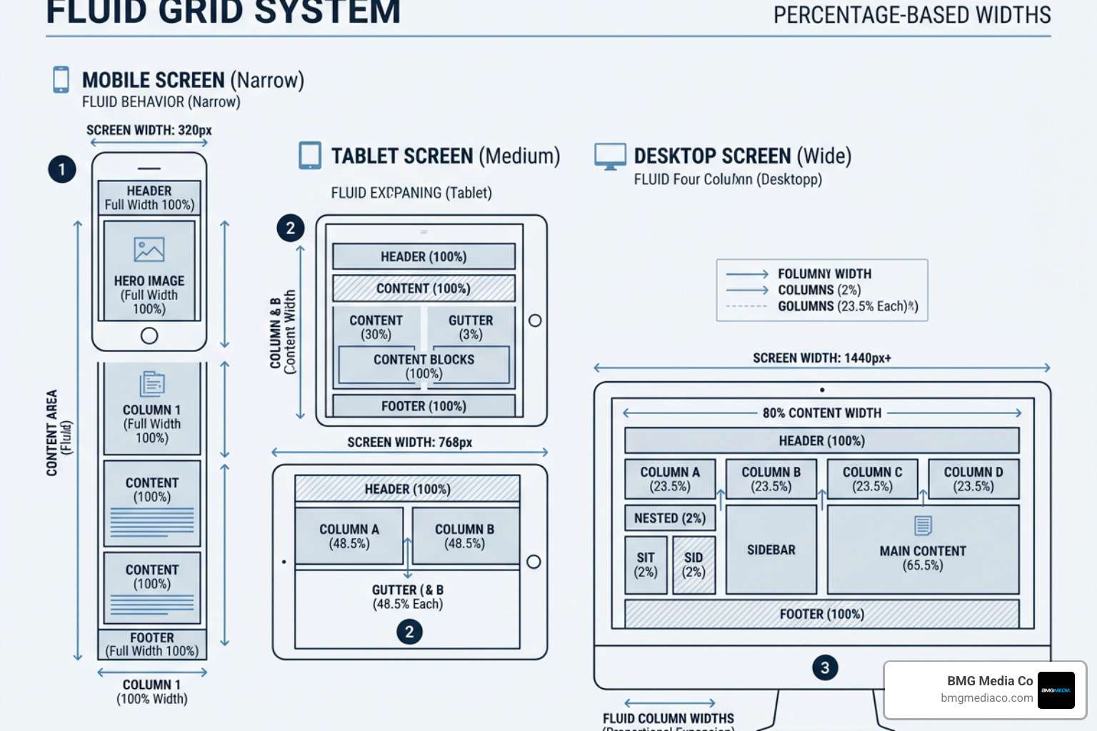 A diagram showing a fluid grid system stretching across different screen sizes - fully responsive web design