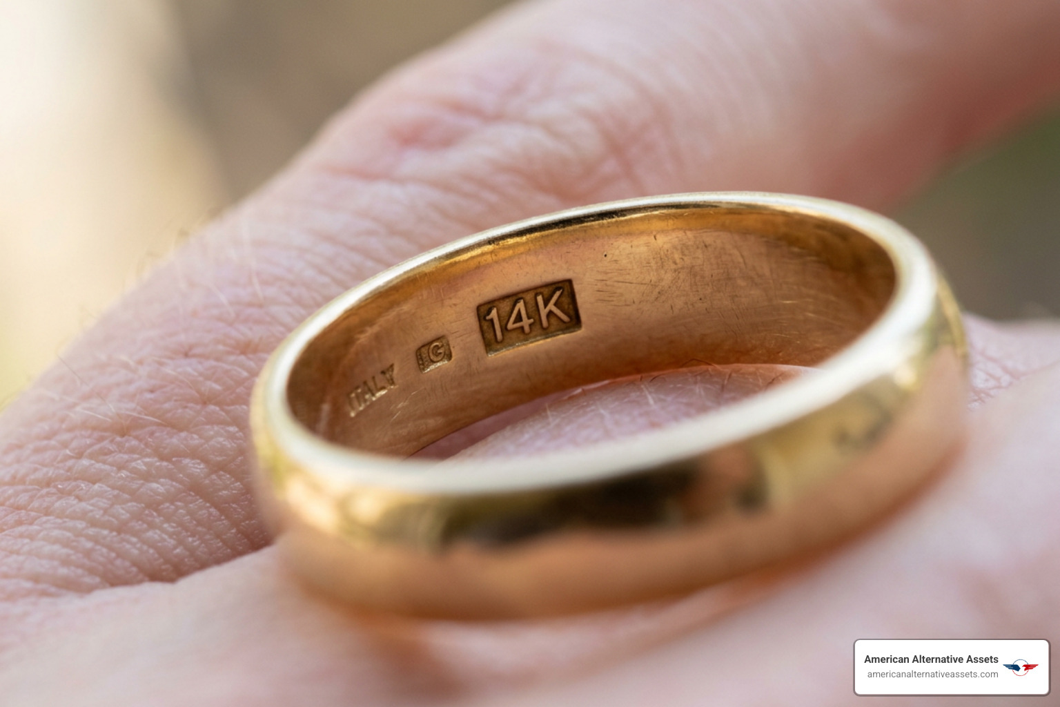 close-up of a 14k hallmark stamp on the inside of a gold ring - value of my gold
