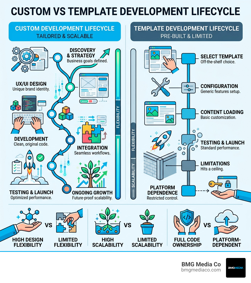 Custom vs template development lifecycle infographic showing phases, flexibility, and scalability comparison - custom site
