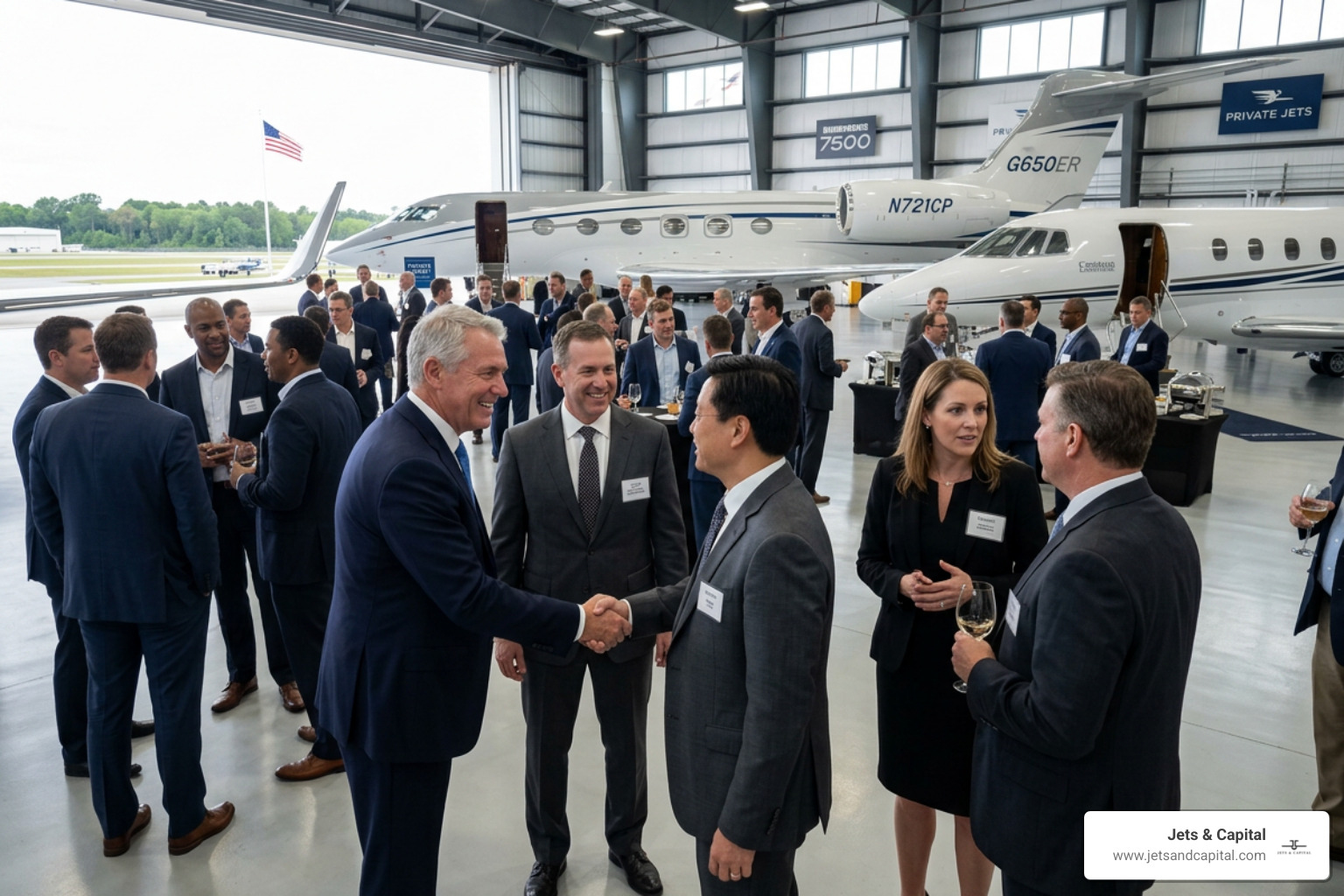 high net worth investors networking in private jet hangar - High net worth investors high net worth investors networking in private jet hangar - High net worth investors