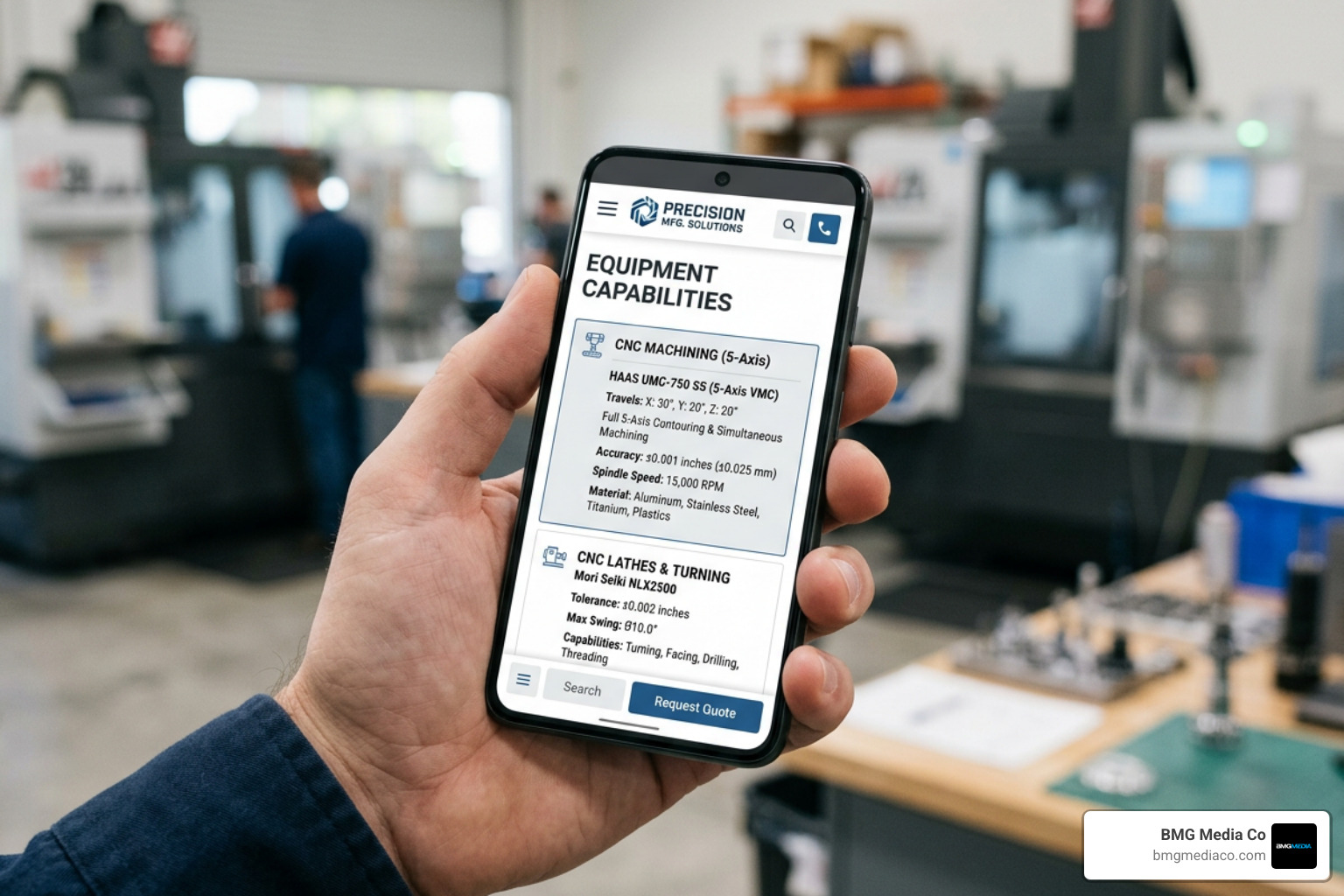 precision equipment list displayed on a mobile device to show accessibility - websites for manufacturing companies