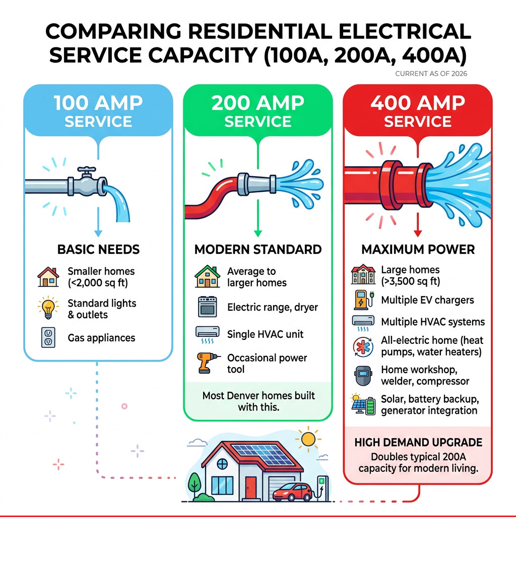 Infographic comparing 100A, 200A, and 400A electrical service capacity for residential use - 400 amp service upgrade Infographic comparing 100A, 200A, and 400A electrical service capacity for residential use - 400 amp service upgrade