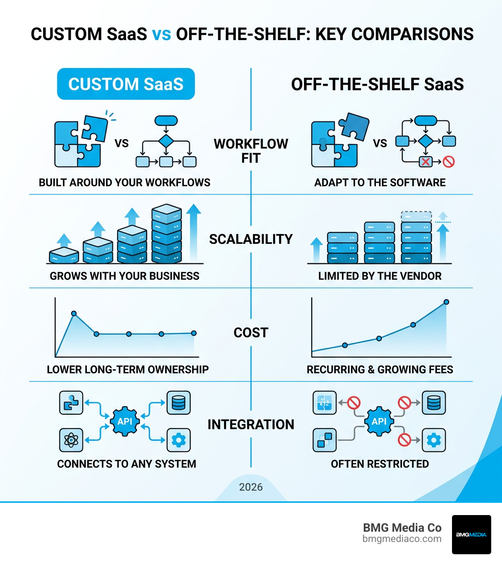 Infographic showing custom SaaS vs off-the-shelf comparison: workflow fit, scalability, cost, and integration - custom saas