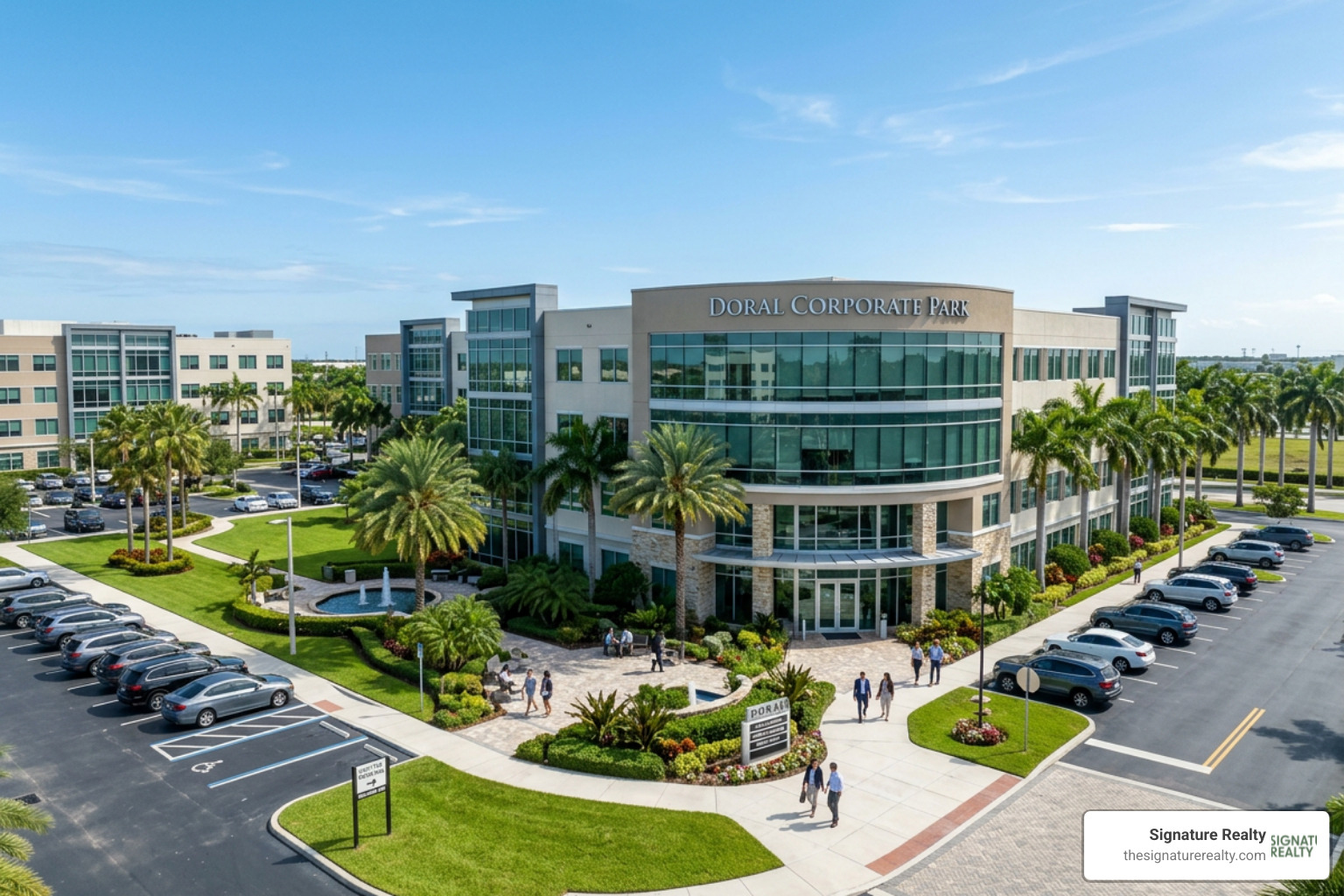 Modern office complex in Doral showcasing clean landscaping and professional exterior maintenance - commercial property Modern office complex in Doral showcasing clean landscaping and professional exterior maintenance - commercial property