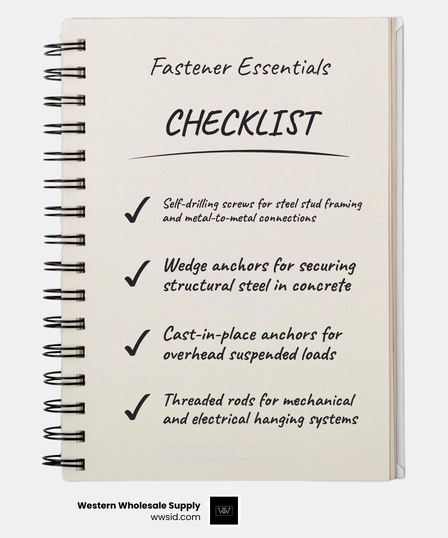 Infographic showing commercial construction fastener types, materials, and key applications by trade - commercial Infographic showing commercial construction fastener types, materials, and key applications by trade - commercial