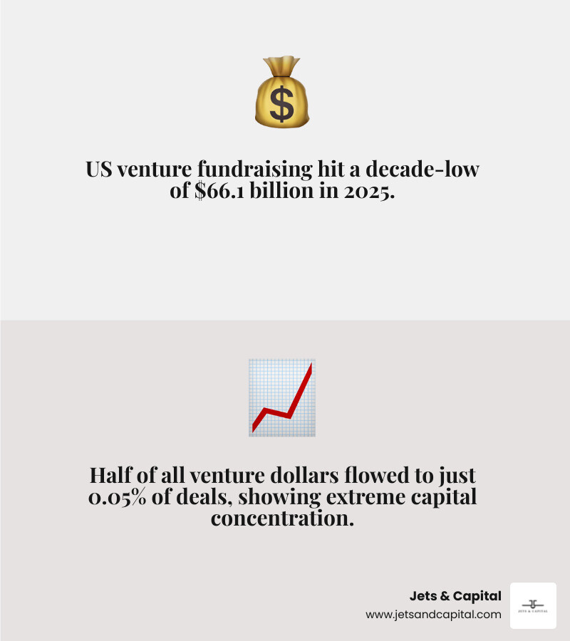 Infographic showing 2025 US VC fundraising at $66.1B decade-low vs. capital concentration in top 0.05% of deals - venture