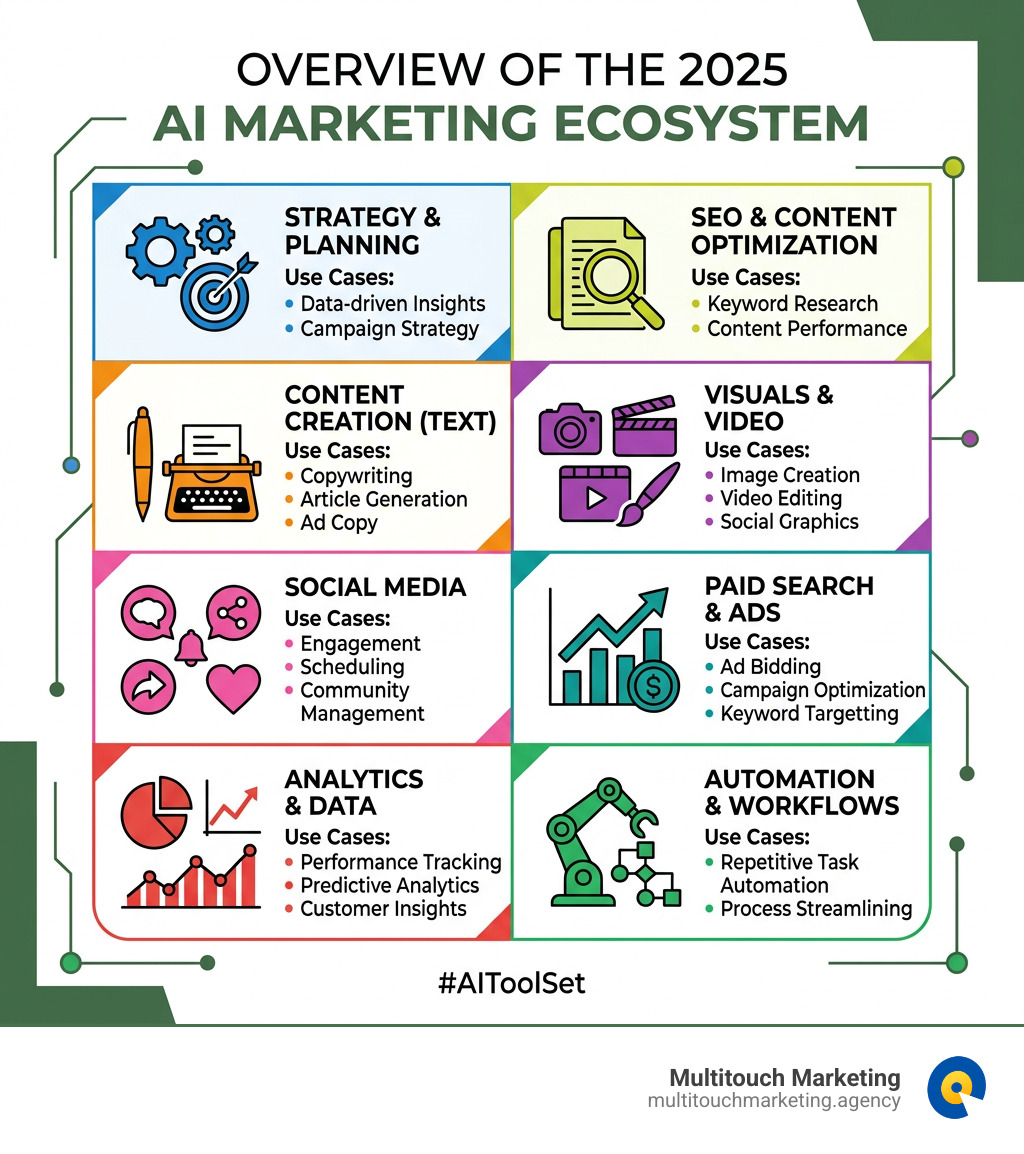Overview of the 2026 AI marketing ecosystem by category and use case - AI tools for digital marketing infographic Overview of the 2026 AI marketing ecosystem by category and use case - AI tools for digital marketing infographic