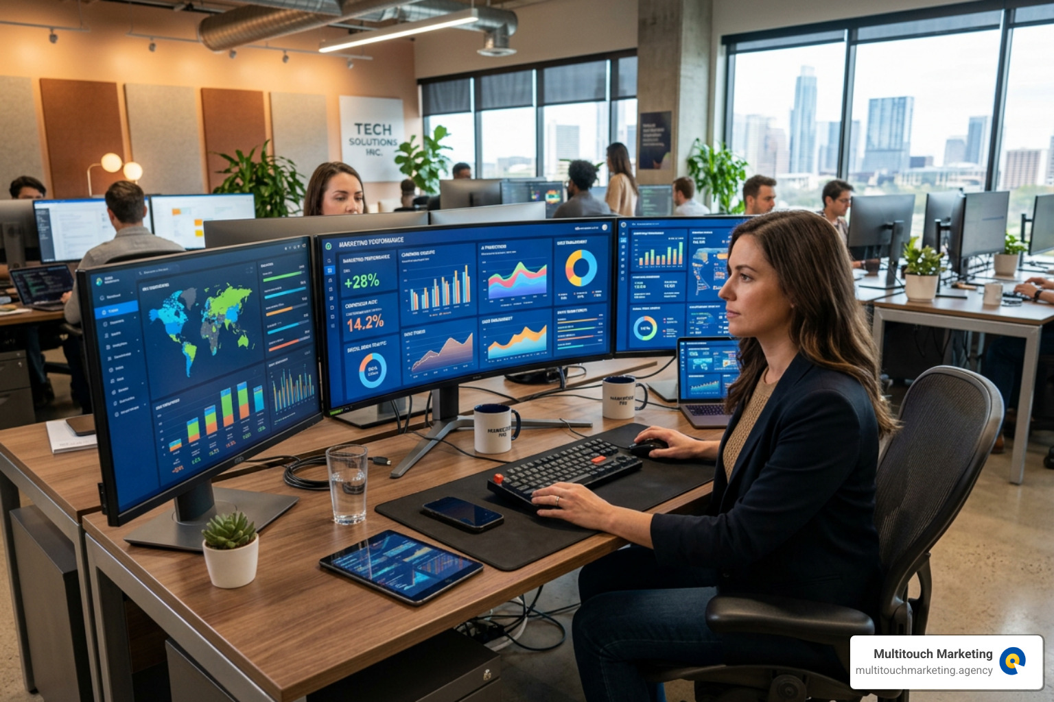 A high-tech marketing workspace featuring multiple monitors showing AI data visualizations - AI tools for digital marketing A high-tech marketing workspace featuring multiple monitors showing AI data visualizations - AI tools for digital marketing