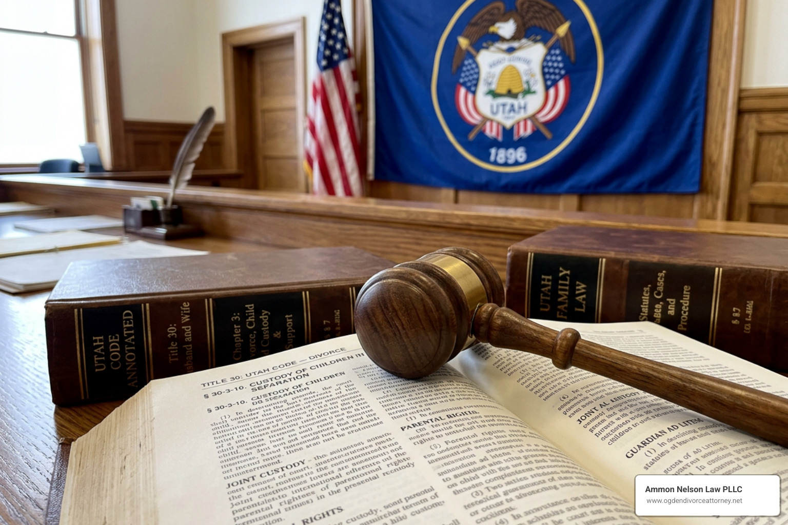 Gavel and law books representing Utah child custody statutes - child custody laws in utah