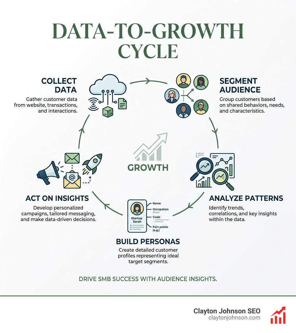 Data-to-growth cycle infographic showing five steps: collect data, segment audience, analyze patterns, build personas, act Data-to-growth cycle infographic showing five steps: collect data, segment audience, analyze patterns, build personas, act