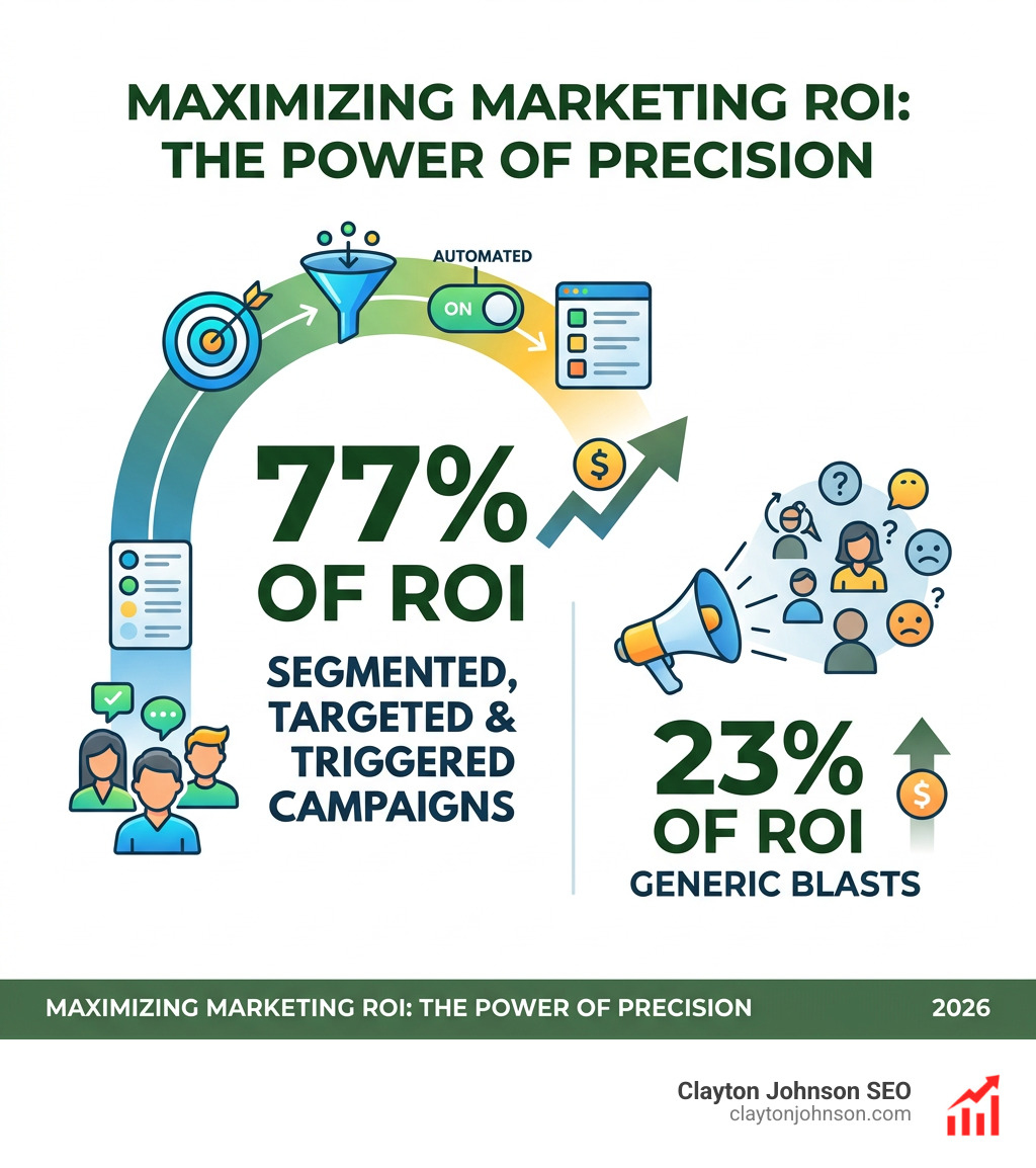 Infographic showing marketing ROI: 77% comes from segmented, targeted, and triggered campaigns vs 23% from generic blasts Infographic showing marketing ROI: 77% comes from segmented, targeted, and triggered campaigns vs 23% from generic blasts