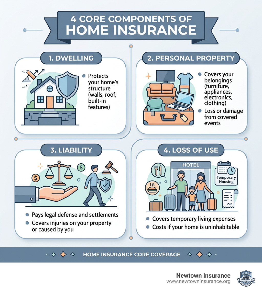 4 core components of home insurance: dwelling, personal property, liability, loss of use - Home insurance information