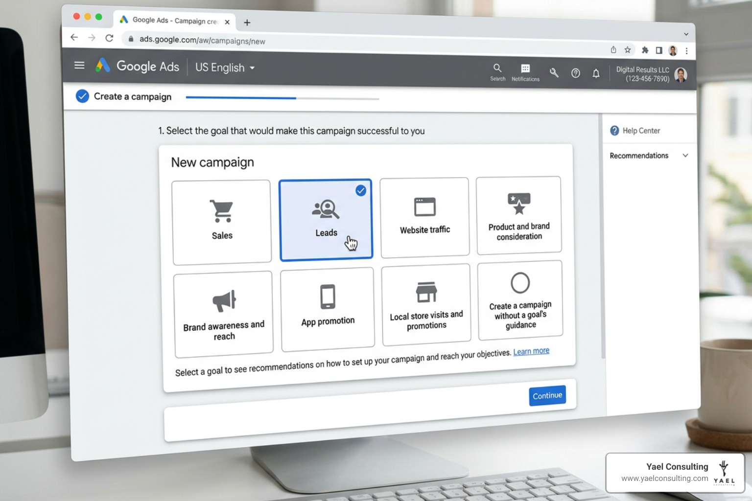 Google Ads campaign creation screen showing the 'Leads' goal selection - call only ads training Google Ads campaign creation screen showing the 'Leads' goal selection - call only ads training