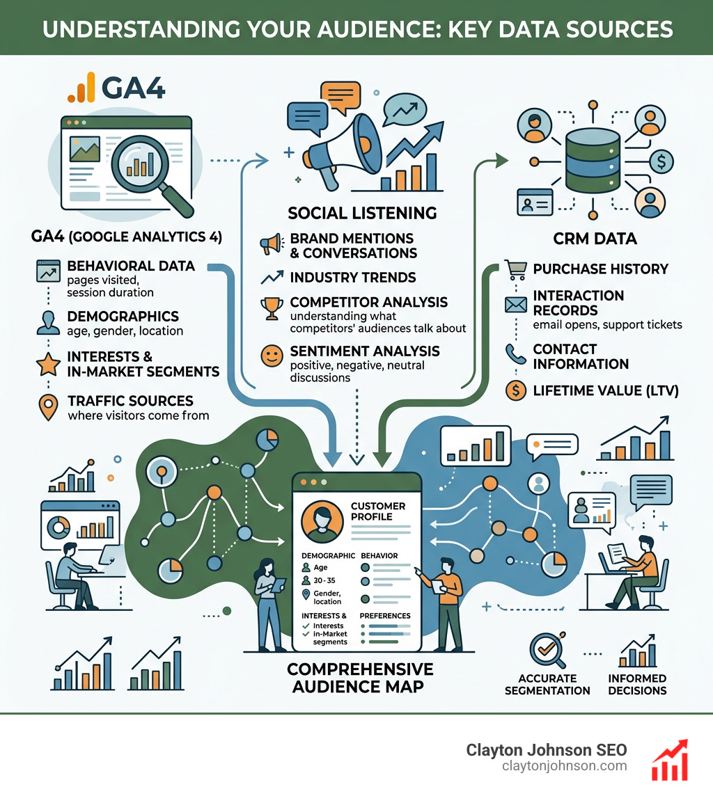 Infographic showing data sources for audience mapping: GA4, Social Listening, and CRM data - audience mapping startup guide Infographic showing data sources for audience mapping: GA4, Social Listening, and CRM data - audience mapping startup guide