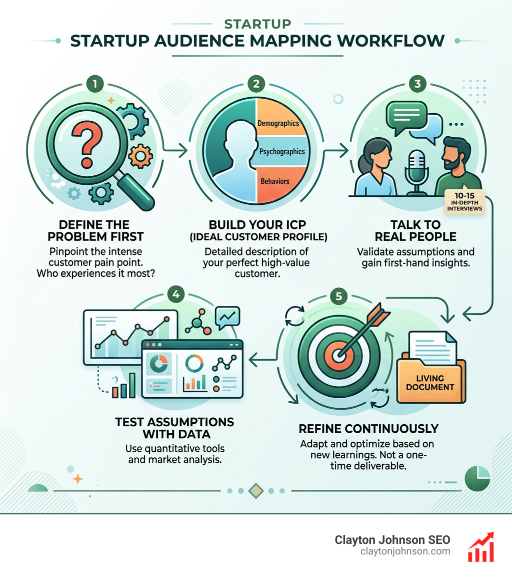 audience mapping workflow infographic showing 5 steps from problem definition to refined ICP - audience mapping startup audience mapping workflow infographic showing 5 steps from problem definition to refined ICP - audience mapping startup