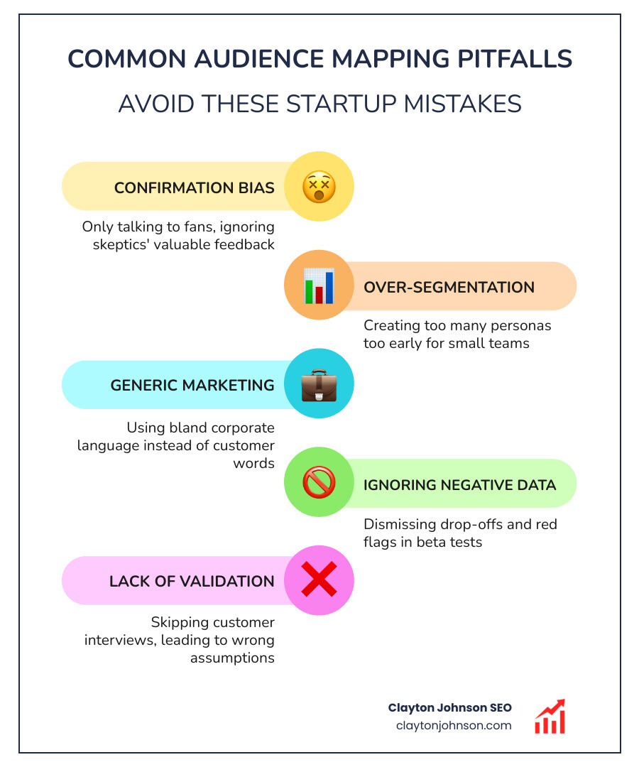 Infographic showing common audience mapping pitfalls: Bias, Over-segmentation, and Generic Messaging - audience mapping Infographic showing common audience mapping pitfalls: Bias, Over-segmentation, and Generic Messaging - audience mapping